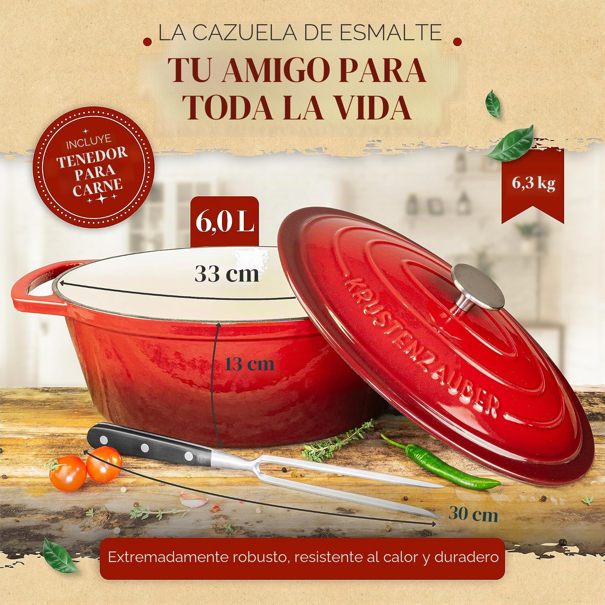 KRUSTENZAUBER Cacerola de hierro fundido con tapa, 33 cm, apta para horno, incluye tenedor de carne, 6 l, esmaltado, olla XL de hierro fundido, olla ideal para cocinar Kazan, para inducción, ovalada