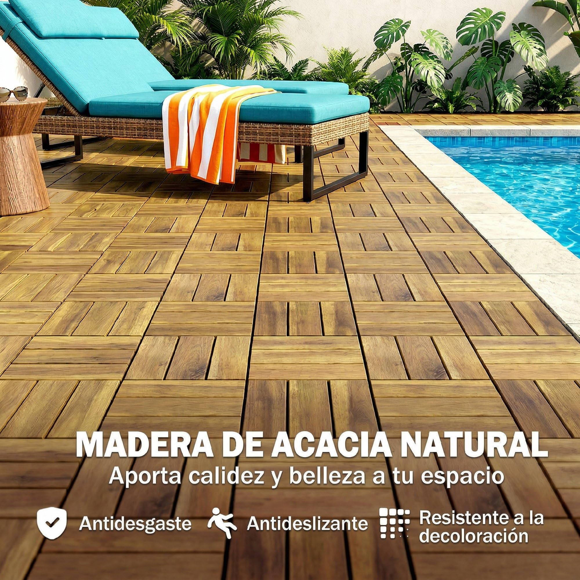 Outsunny Set de 10 Piezas Baldosas de Exterior de Madera de Acacia, 31x31 cm, 0,91 m², Suelo de Terraza Exterior, Antideslizantes y Resistentes al Clima, Fácil Instalación, para Terraza, Natural — view 3