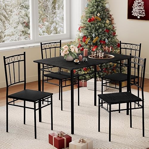 Vipbear Kitchen Dining Table Set for 4,5-Piece Kitchen Table Set,Dining Room Table Sets,Rectangular Kitchen Table Set with 4 Chairs for Small Space, Dinette,Apartment,Classic Black