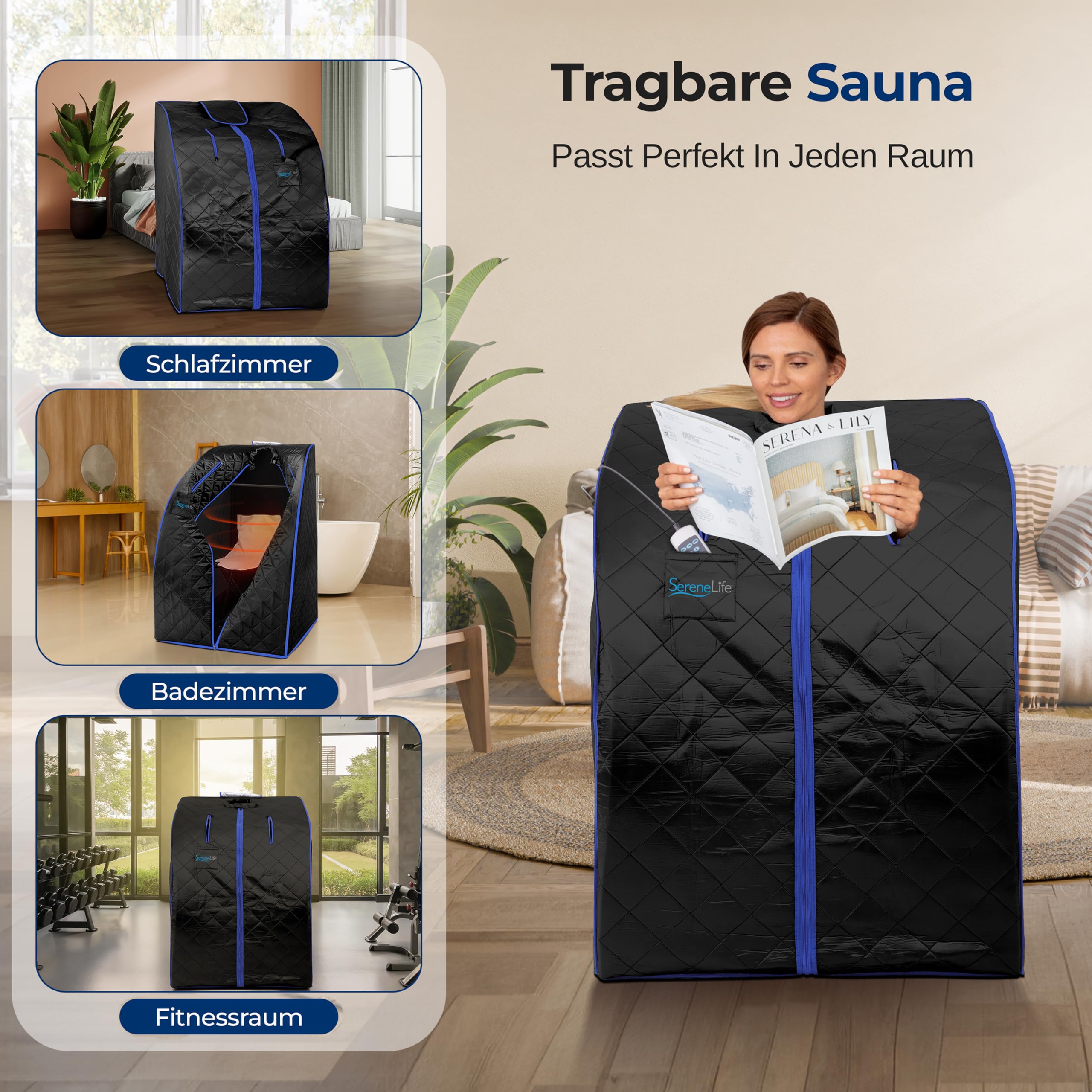 SereneLife Dampfsauna Zelt Schwarz 84×80×103 cm – Tragbare Heimsauna mit Stuhl und Heizmatte Faltbare Mini Sauna - Mobile Dampfbad Kabine bis 60 °C, Carbon-Heizelement und Fernbedienung