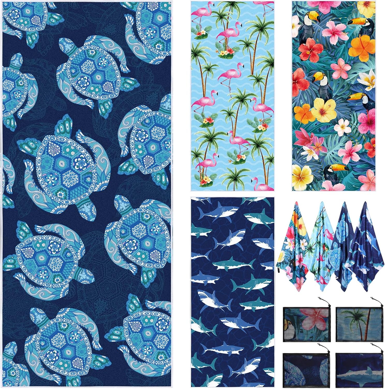 4 Pack Microfiber Beach Towels, 71" x 32", Animal Print, Colorful, Lightweight, Quick Dry, Sand Free, Suitable for Travel, Swimming, Camping, Cruise Ship Vacation