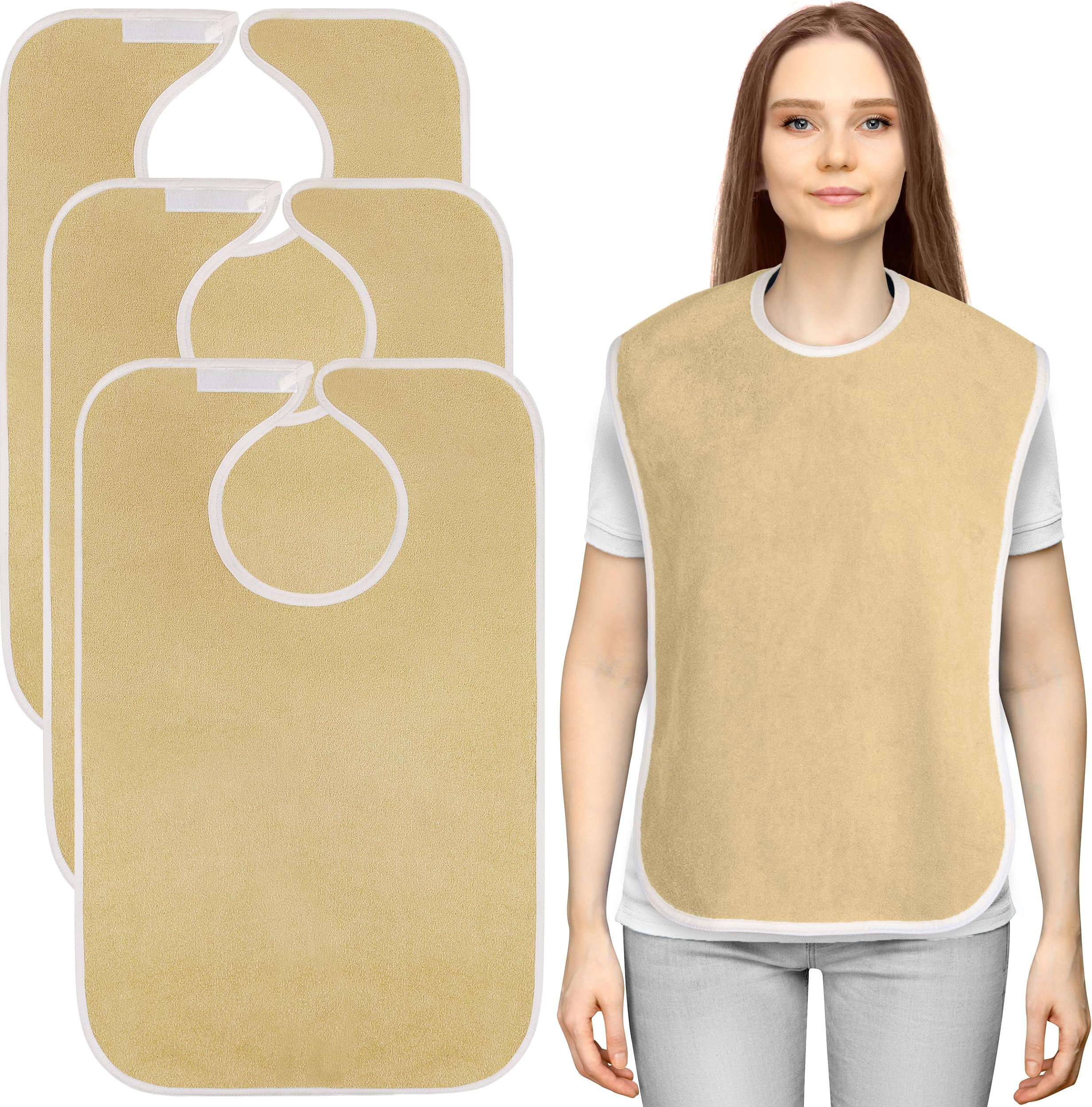 3 Pack Premium Unisex Adult Bibs for Elderly Women Men, Waterproof Bib for Eating, Adjustable and Washable (Beige)