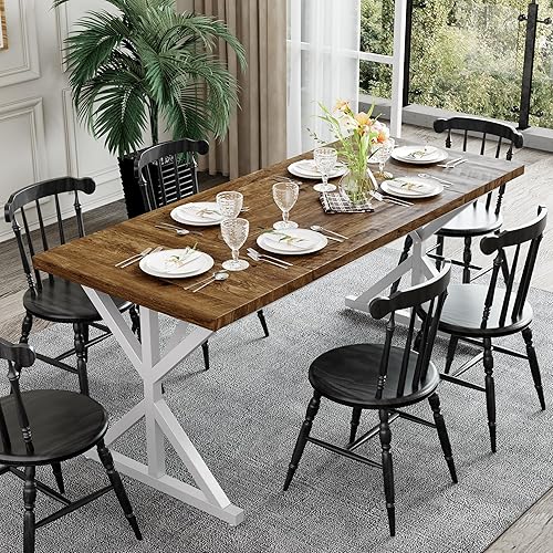 Miniatura 6 de Mesa de comedor de granja para 6-8 personas, mesa de comedor rectangular de madera de 70.8 pulgadas, mesa de cocina rústica con patas de metal extra