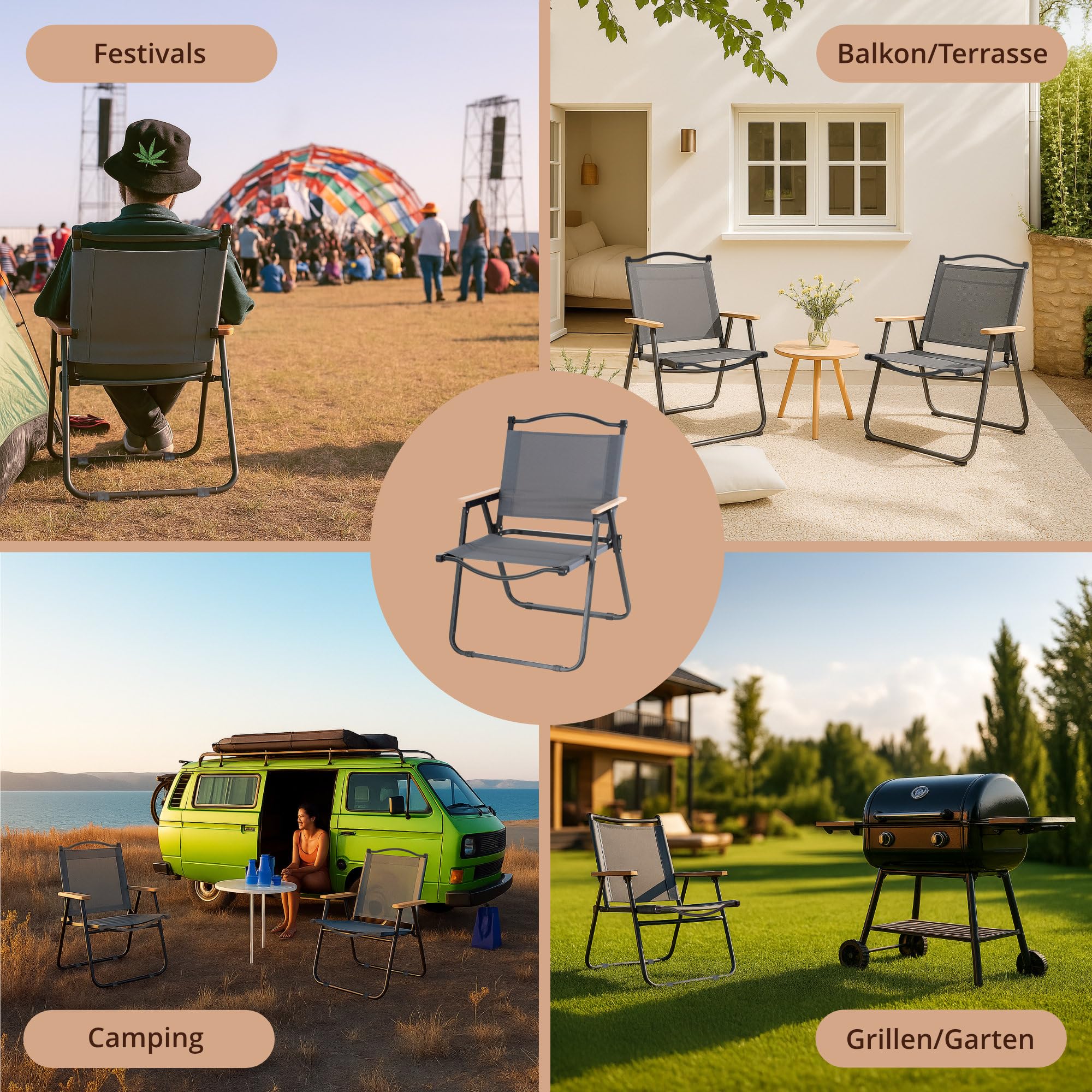 Stagecaptain Campingstuhl 2X Set faltbar leicht - Camping Klappstuhl für Garten, Balkon, Grillen - Als Angelstuhl geeignet - Festival Faltstuhl bis 120 kg - Holzarmlehnen - Campingsessel grau