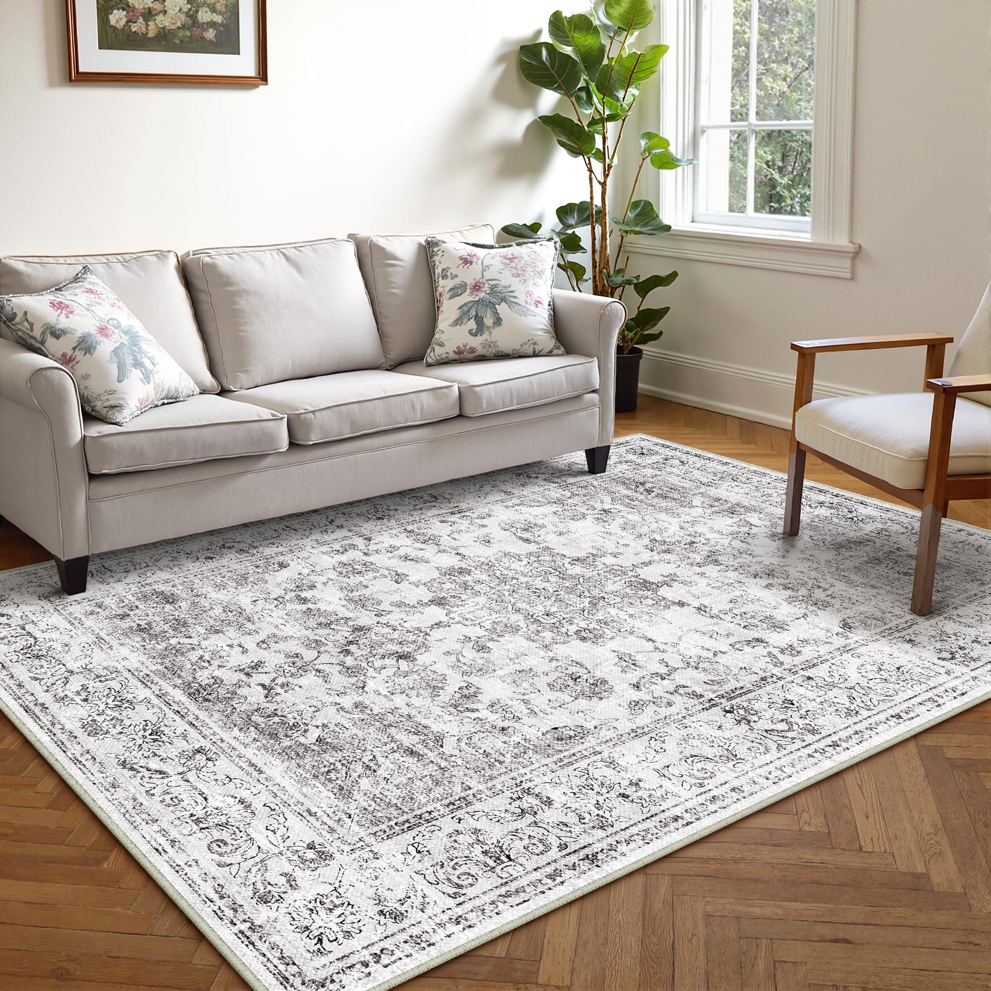 PureCozy Tappeto Salotto Moderno, Tappeti Camera Da Letto, 150x210 cm Tappeto Vintage Corridoio Antiscivolo Lavabile Pelo Corto per Cucina, Soggiorno, Ufficio, Interno,Grigio