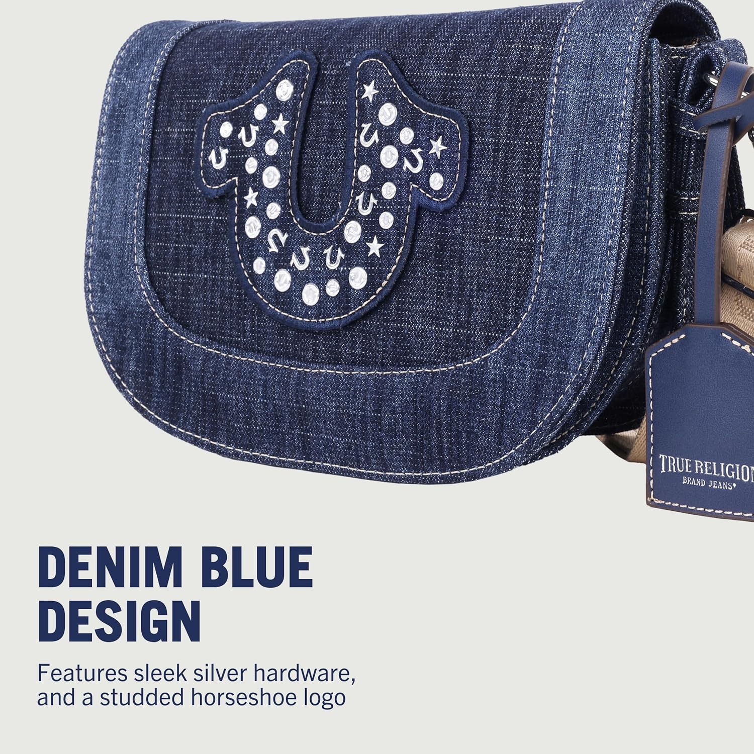 True Religion Women's Crossbody Bag, Denim Mini Flap Shoulder Handbag Purse with Studded Horseshoe, Dark Denim