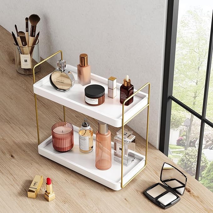 Organizador de Baño Forbena Blanco y Dorado, 2 Niveles para Toallas y Cosméticos miniatura 6