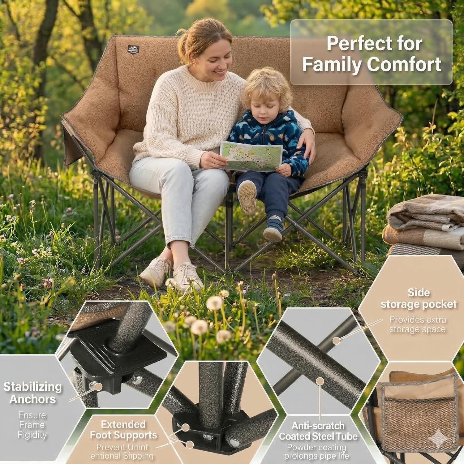 Fuzzy Oversized Folding Double Camping Chairs,Heavy Duty Supports 600 Lbs,Comfy Portable Loveseat for Adults w/Mesh Pocket,Plush Fleece-Lined Lawn Couch for Outdoor/Indoor,Light Moca