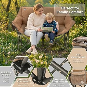 Oversized Folding Double Camping Chairs,Heavy Duty Supports 600 Lbs,Comfy Portable Loveseat for Adults w/Mesh Pocket,Plush Fleece-Lined Lawn Couch for Outdoor/Indoor,Light Moca