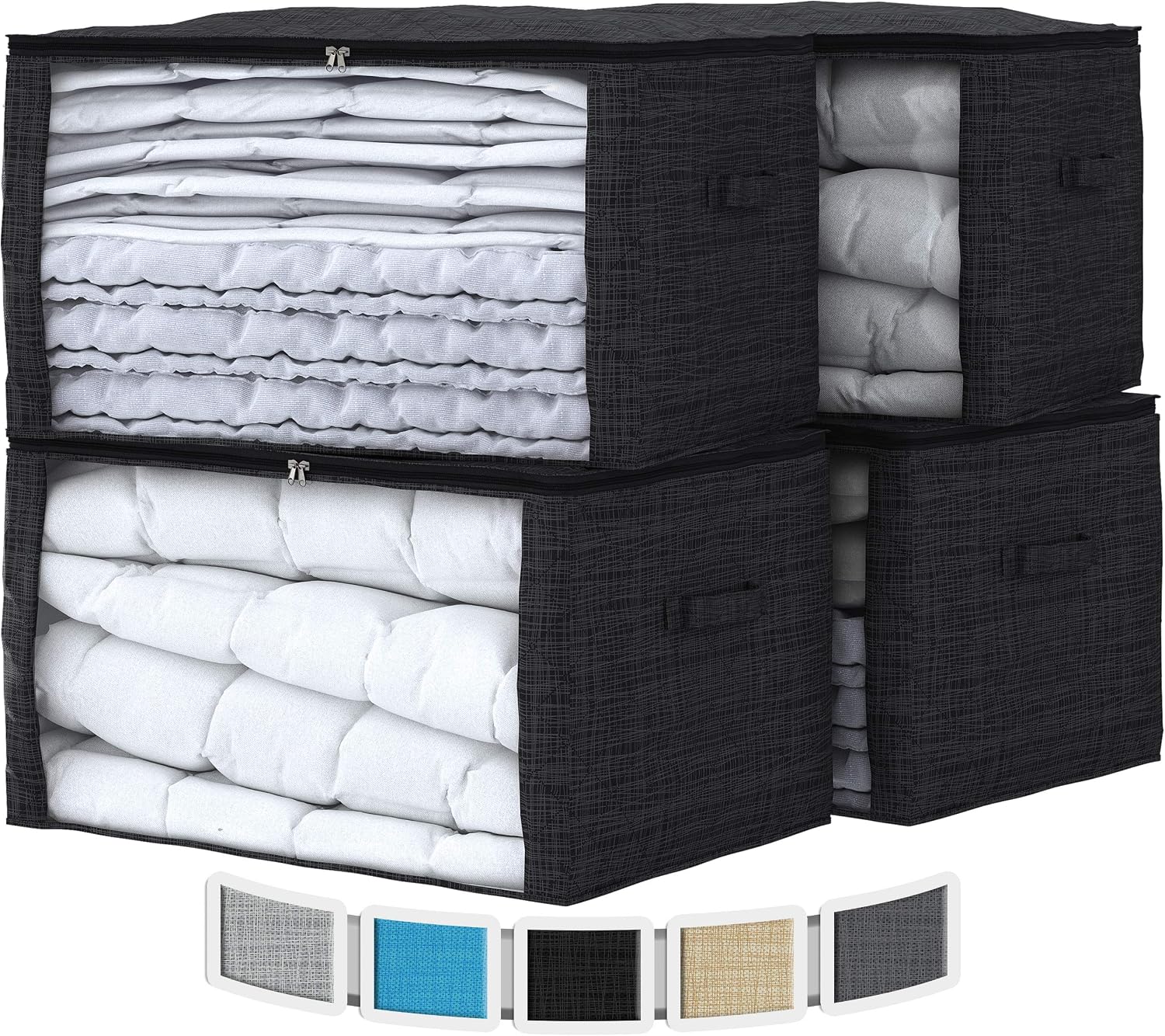 NEATERIZE 4 Pack Storage Bags | Ultra Thick Closet Storage Organizer with Reinforced Handles & Zipper | Fabric Clothes Organization and Storage Bins with Lids for Clothing & Linen (Large - Black)