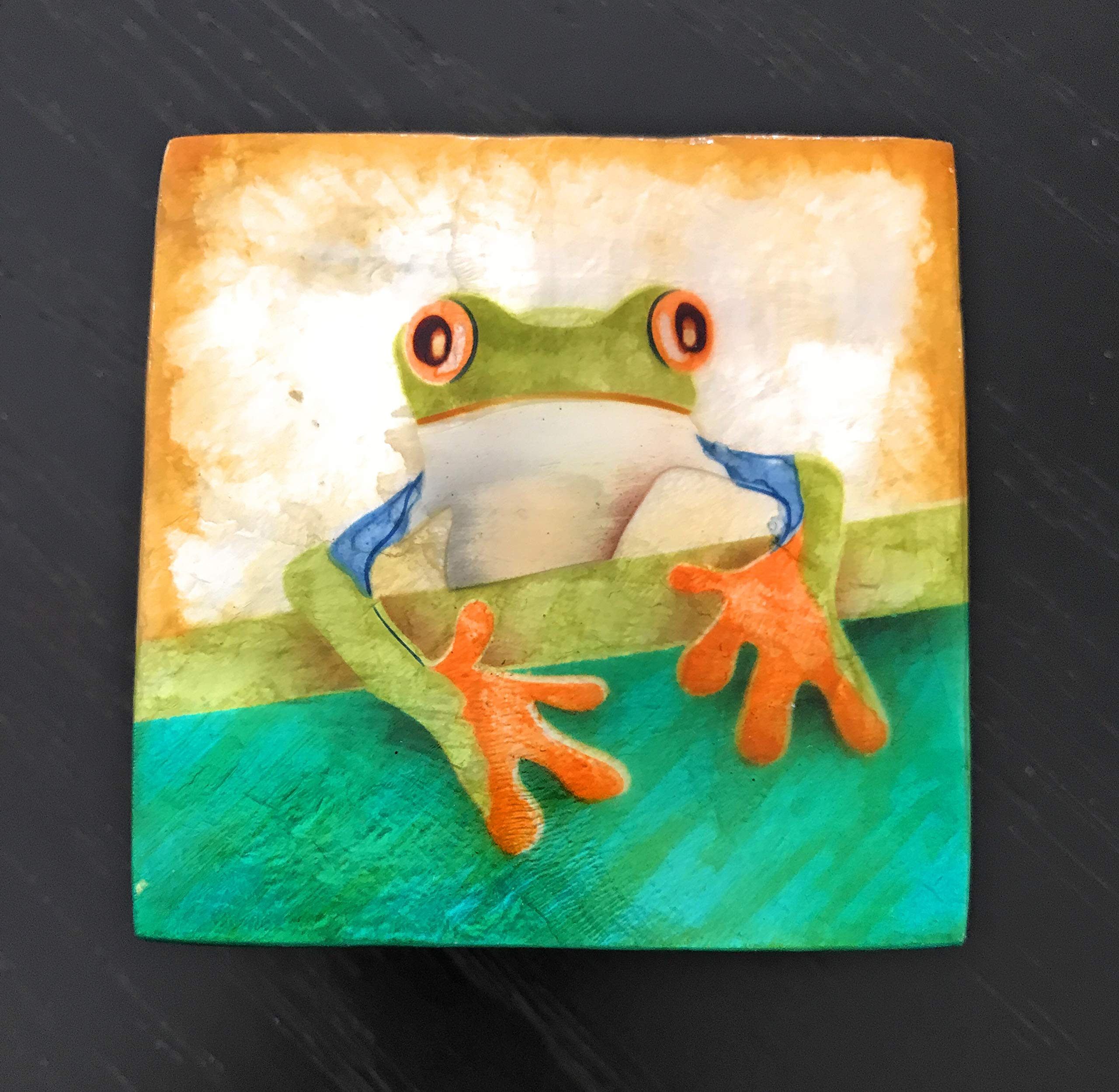 Kubla rzemiosło drzewo żaba capiz muszla pudełko pamiątkowe 7 x 3 7,6 cm szer. x 7,6 cm szer. x 3,8 cm T zielony, niebieski, pomarańczowy, kremowy
