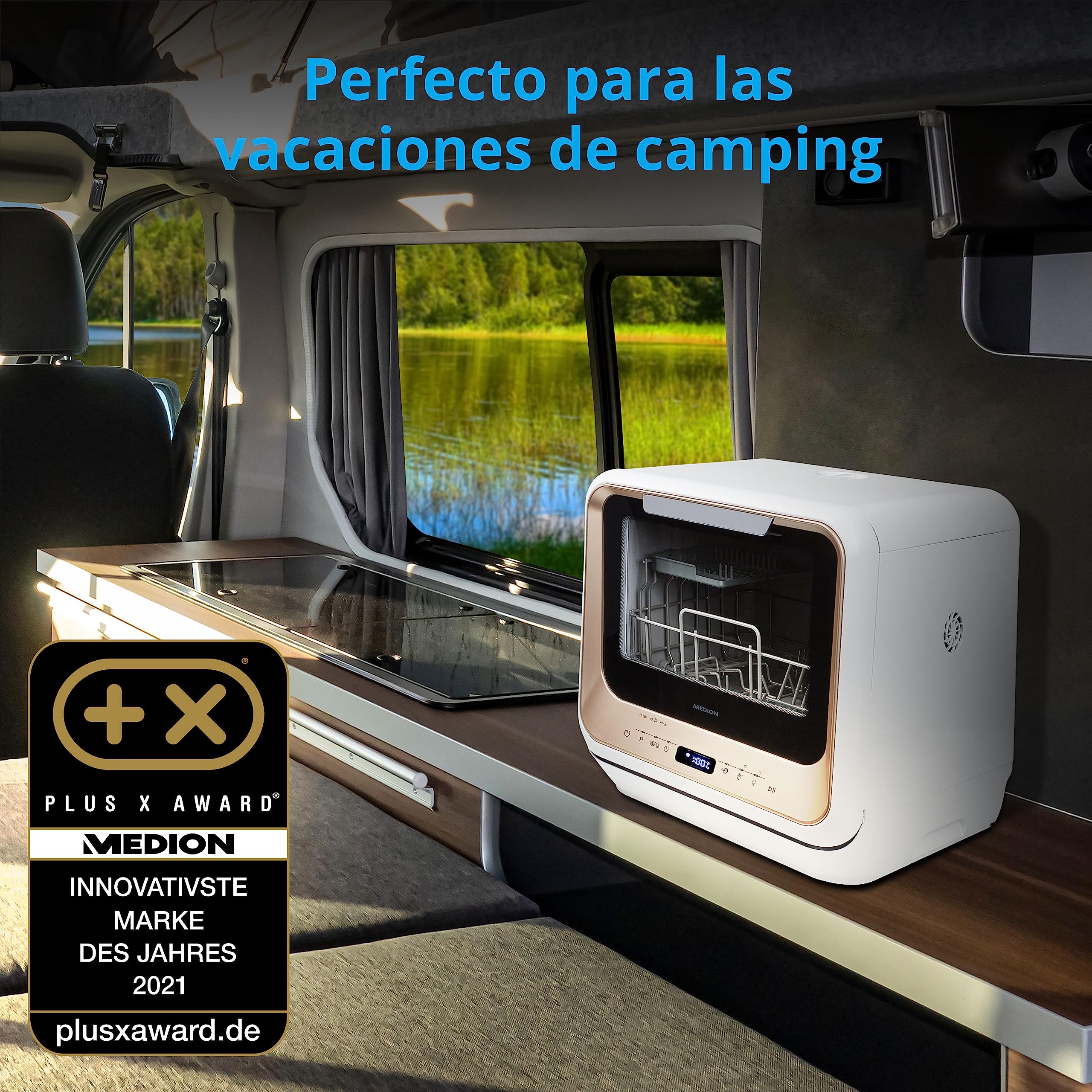 MEDION Mini lavavajillas MD 37217, lavavajillas pequeño para 2 cubiertos y 6 programas de limpieza, lavavajillas compacto con preselección de la hora de inicio