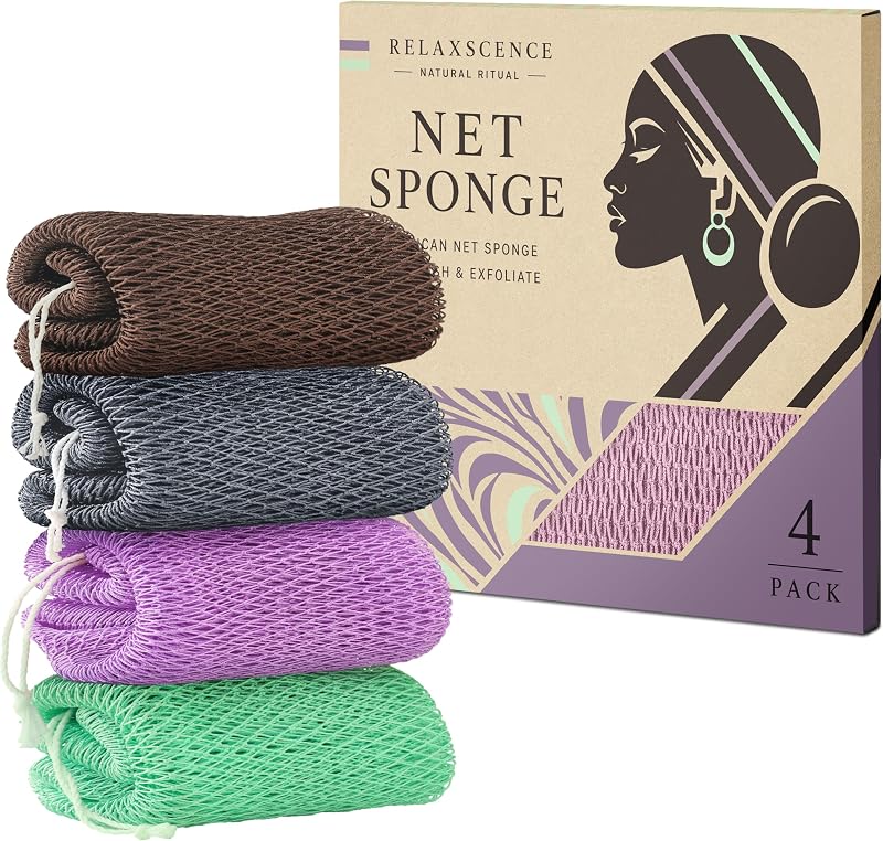 Esponja de banho tipo rede africana RelaxScene AFN4-03 – Esfoliante corporal, 4 unidades