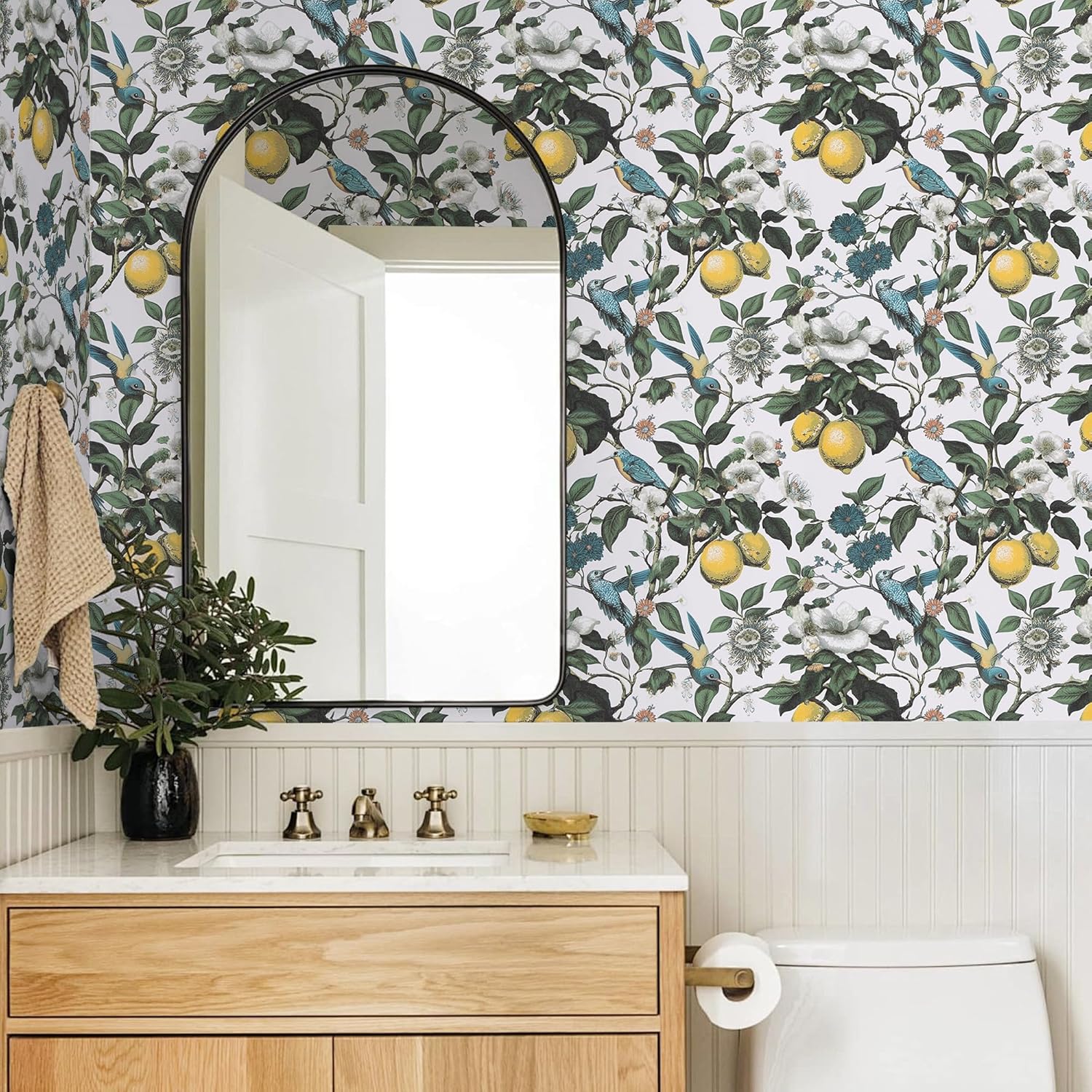 Bird Peel and Stick Wallpaper Vintage - Lemon Tree Contact Paper Self Adhesive Removable 17.7"x 118" - Floral Leaf Wall Paper Retro Vinyl Wrap Modern Botanical For Bathroom Bedroom Cabinet Backsplash