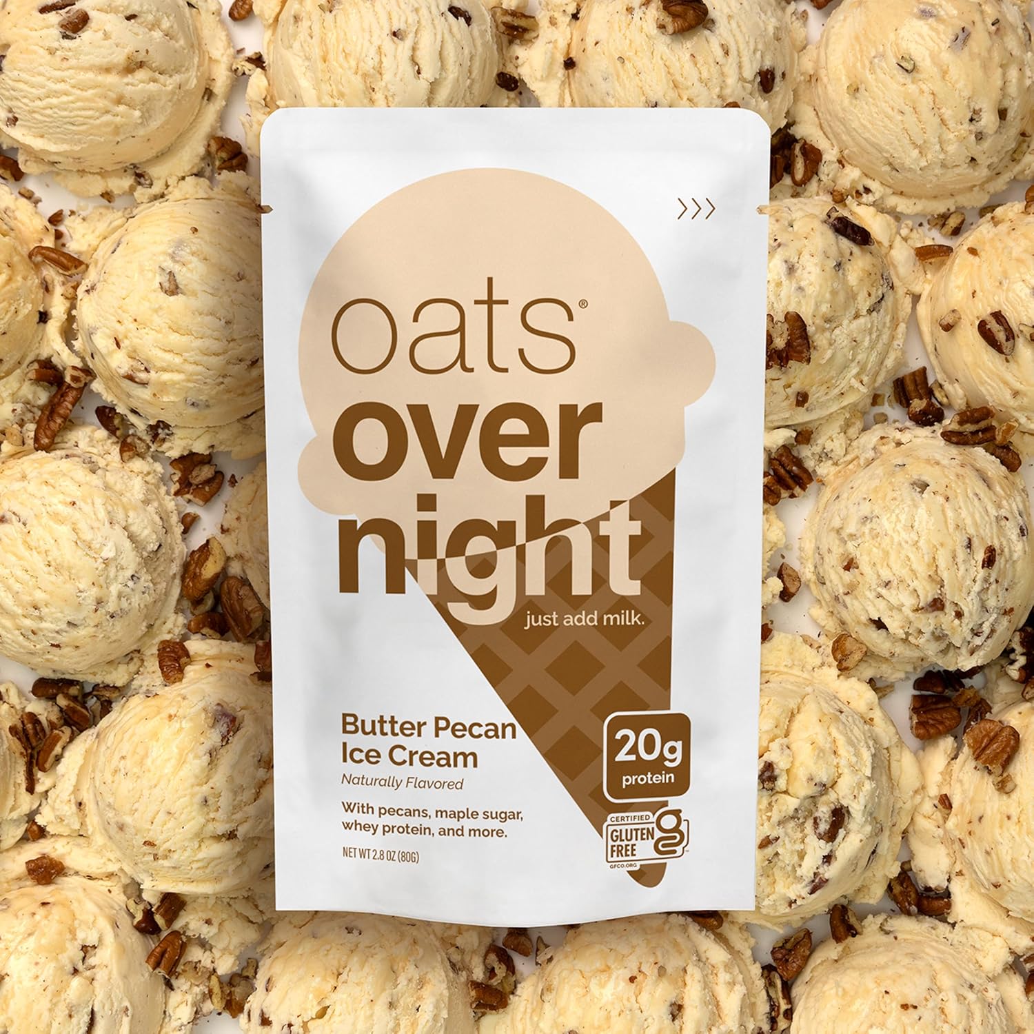 Oats Overnight Butter Pecan Ice Cream - Overnight Oats with 20g Whey Protein, High Fiber Breakfast Protein Shake - Gluten Free Oatmeal, Non GMO High Protein Oatmeal (2.8 oz per Meal) (16 Pack)