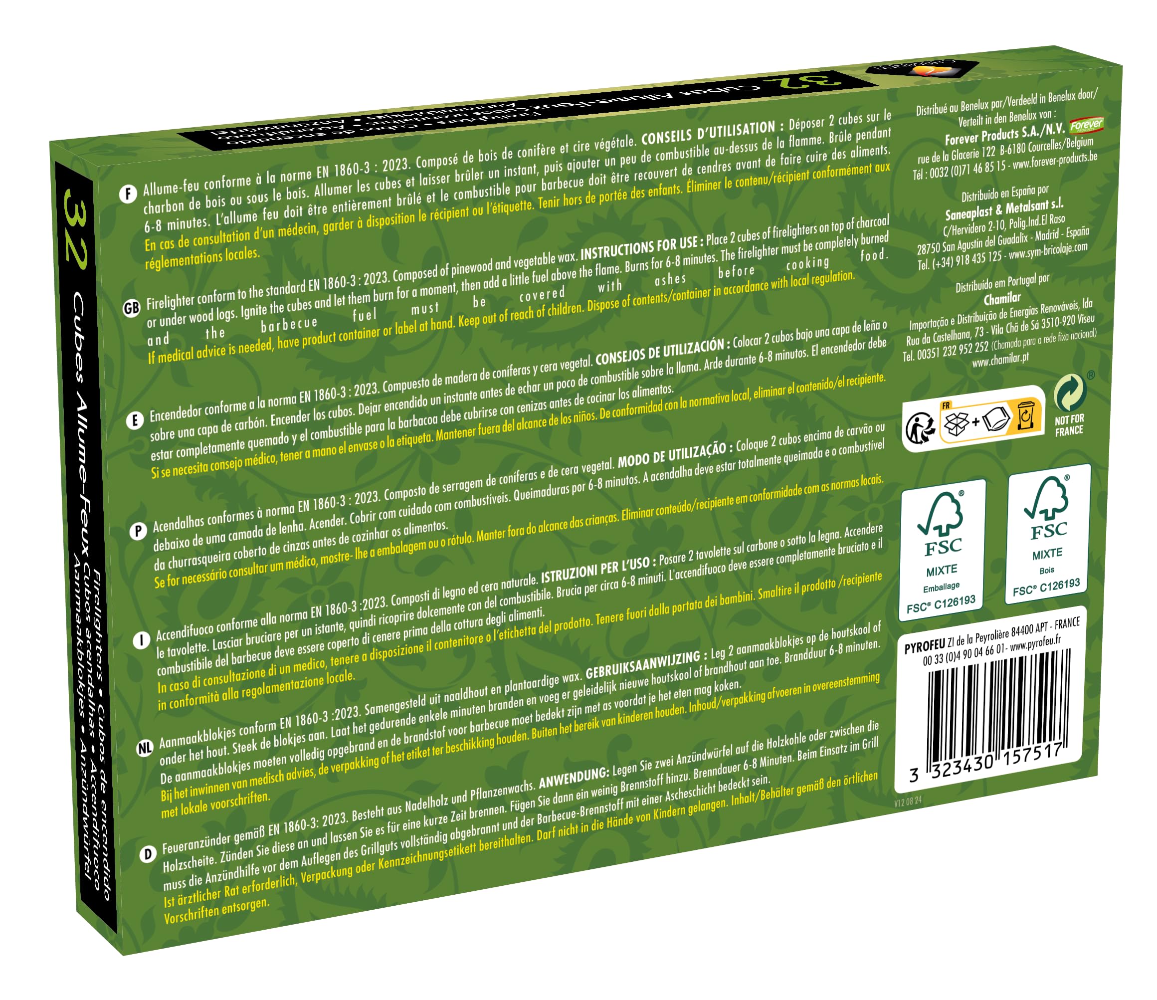 15751-32 Cubos Encendido precortados Cheminett naturales para encender chimeneas, estufas y barbacoas