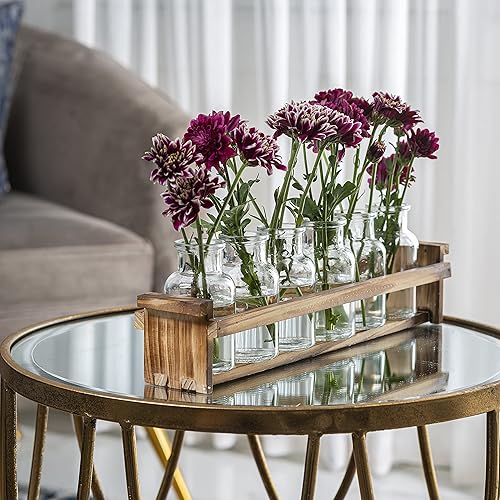 Miniatura 5 de Hermoso jarrón de flores de vidrio con soporte de madera para plantas y 6 jarrones botellas de vidrio decorativas para decoración del hogar centro