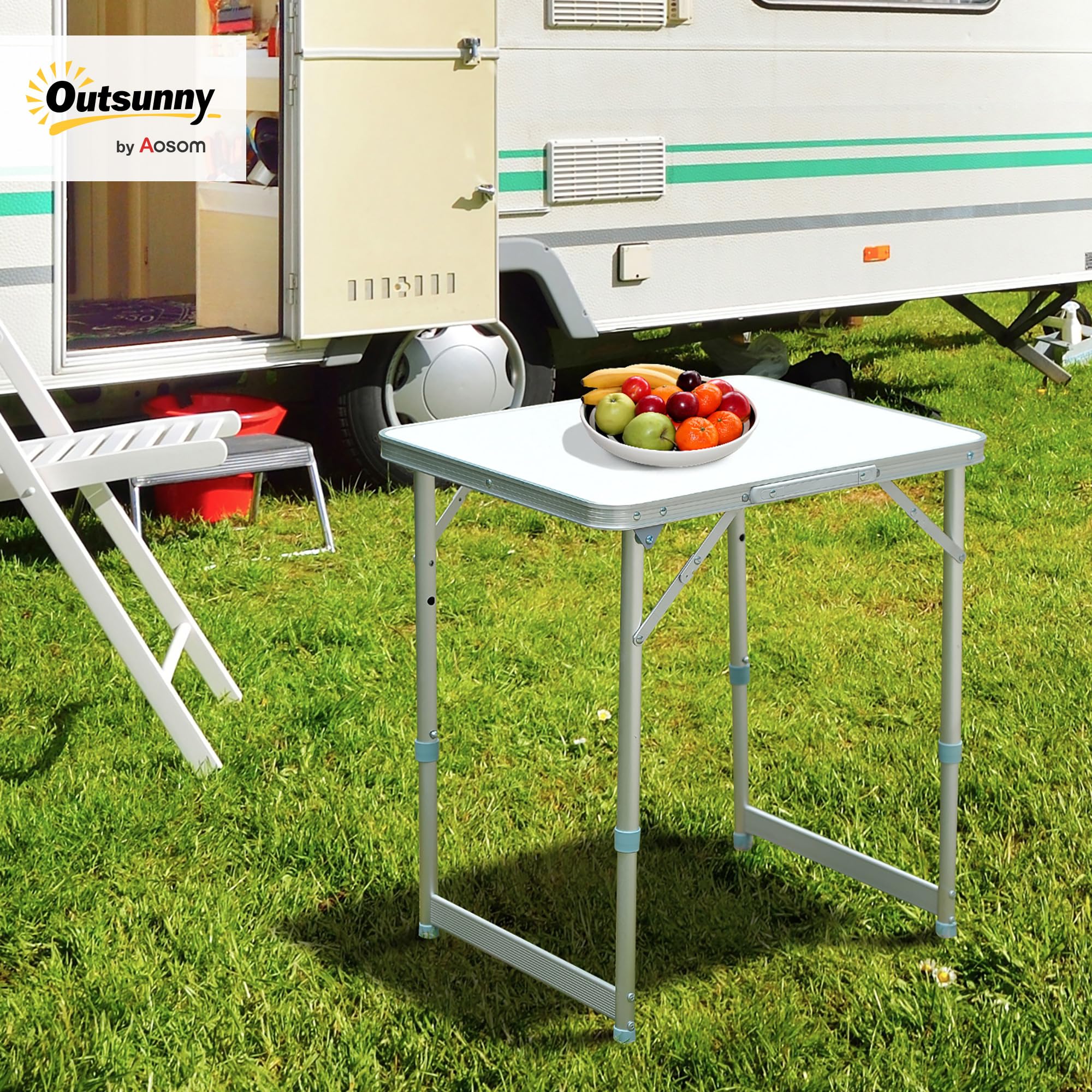 Outsunny Mesa de Camping Plegable Mesa Plegable Portátil Multifuncional con Altura Ajustable en 2 Niveles Marco de Aluminio para Jardín Balcón Patio Exterior 60x45x64 cm Blanco