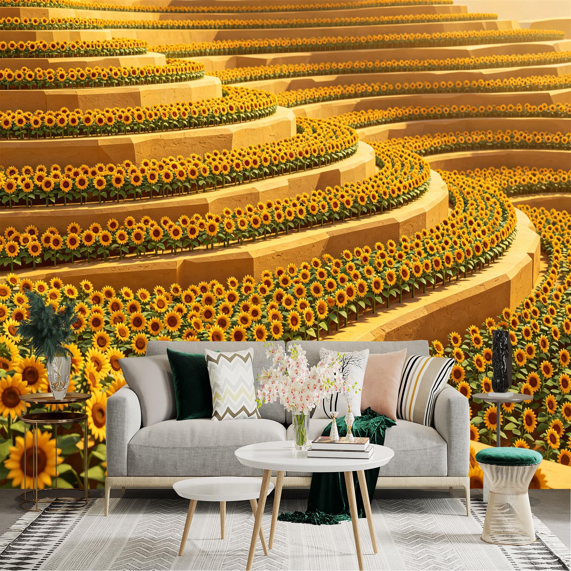 Lnzczhyre Dbh260521450 Custom Size Wall Sticker Mural， Terraced Sunflower Field， Golden Petals In Warm Sunlight， Nature Landscape Decor， For Wall Decoration， Peelandstick Wall Decals.