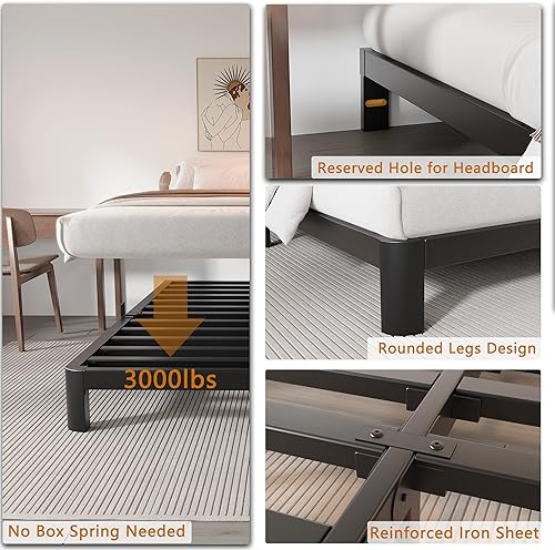 Miniatura 3 de Base de cama baja tamaño matrimonial, marco de cama de perfil bajo de 4 pulgadas, no necesita somier, con topes de colchón, cabecera DIY, soporte de