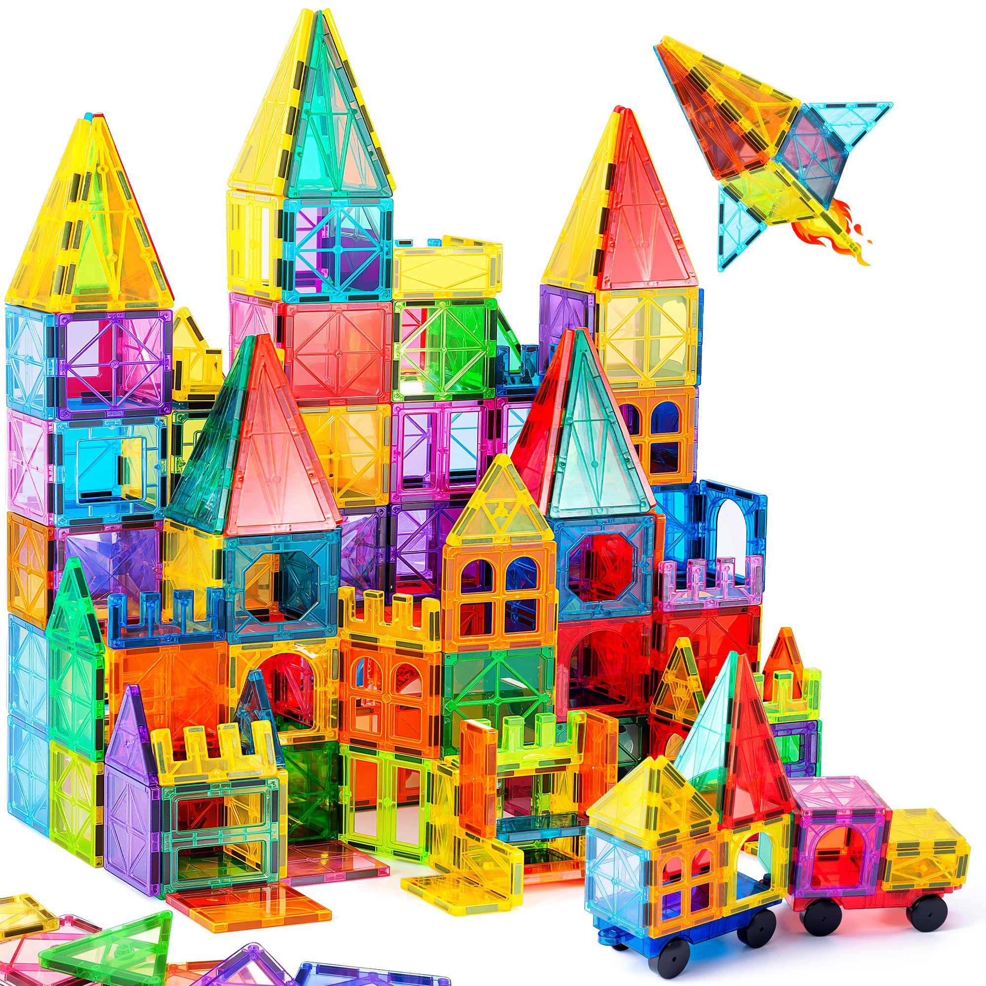ZMAXKIC Magnetic Tiles, 135PCS Magnetic Building Blocks with 2 Cars, Large Magnet Building Set,STEM Sensory Educational Toys Gift for Toddlers Kids Boys Girls.