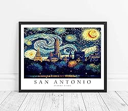 San Antonio Art Print Poster, San Antonio Starry Night Theme Wall art Painting Decor, Texas Art Home Decor Artwork For Bedroom, Bathroom, Living Room Decoration (San Antonio TX, 11x14 inches + (Black Frame))