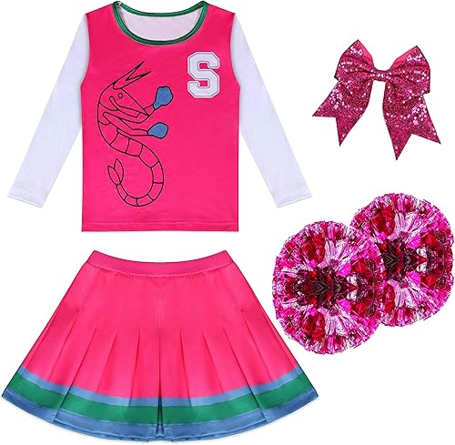 LMM Zombies - Disfraz de animadora para niñas, vestido de rosa, dos pompones de animadora a juego con cuerda para el cabello