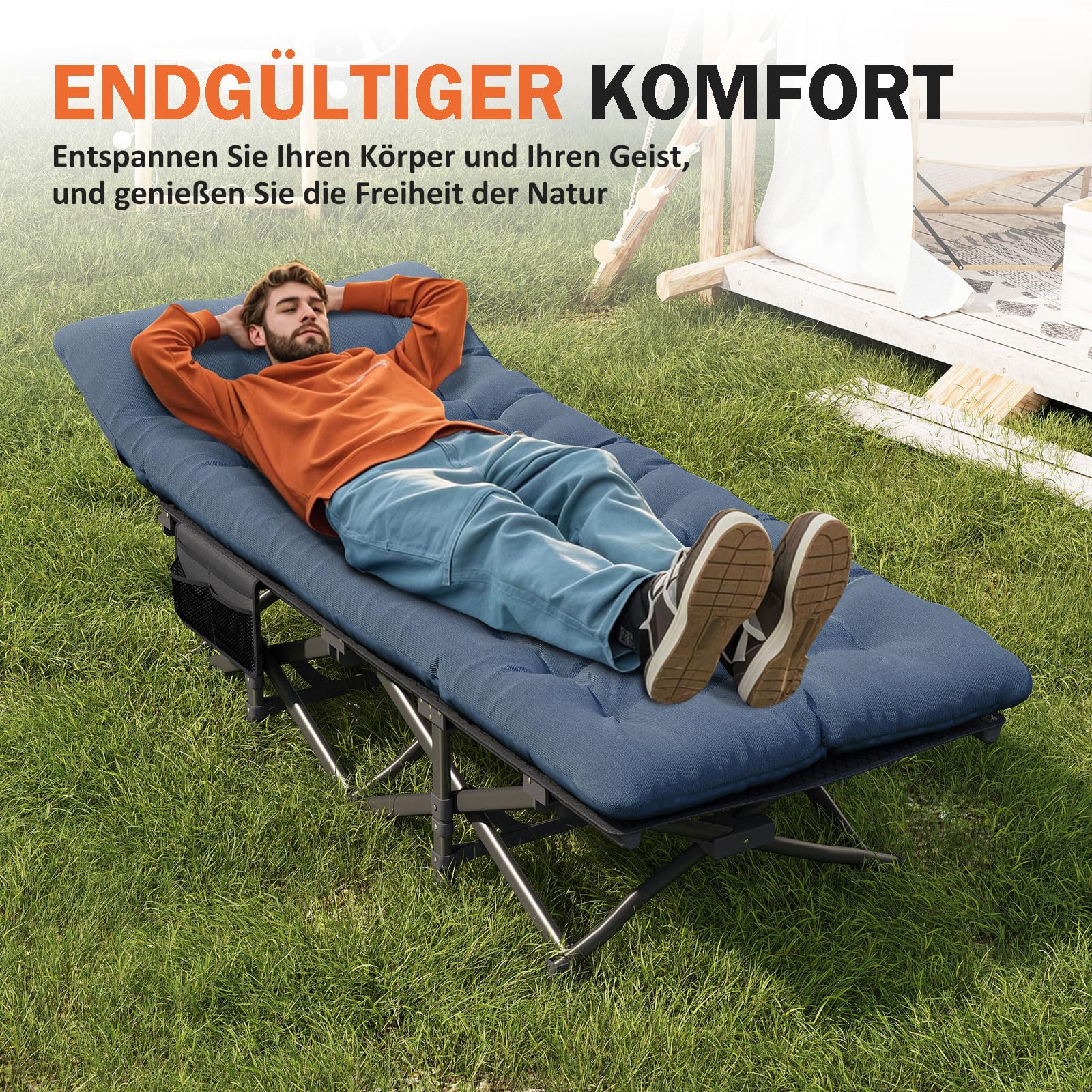 ATORPOK SHOP Campingbett feldbett klappbar, Faltbar Gästebett bis 200 kg für,mit Seitentasche, tragbares Campingliege，Outdoor, Garten, Reisen, Camping, Indoor