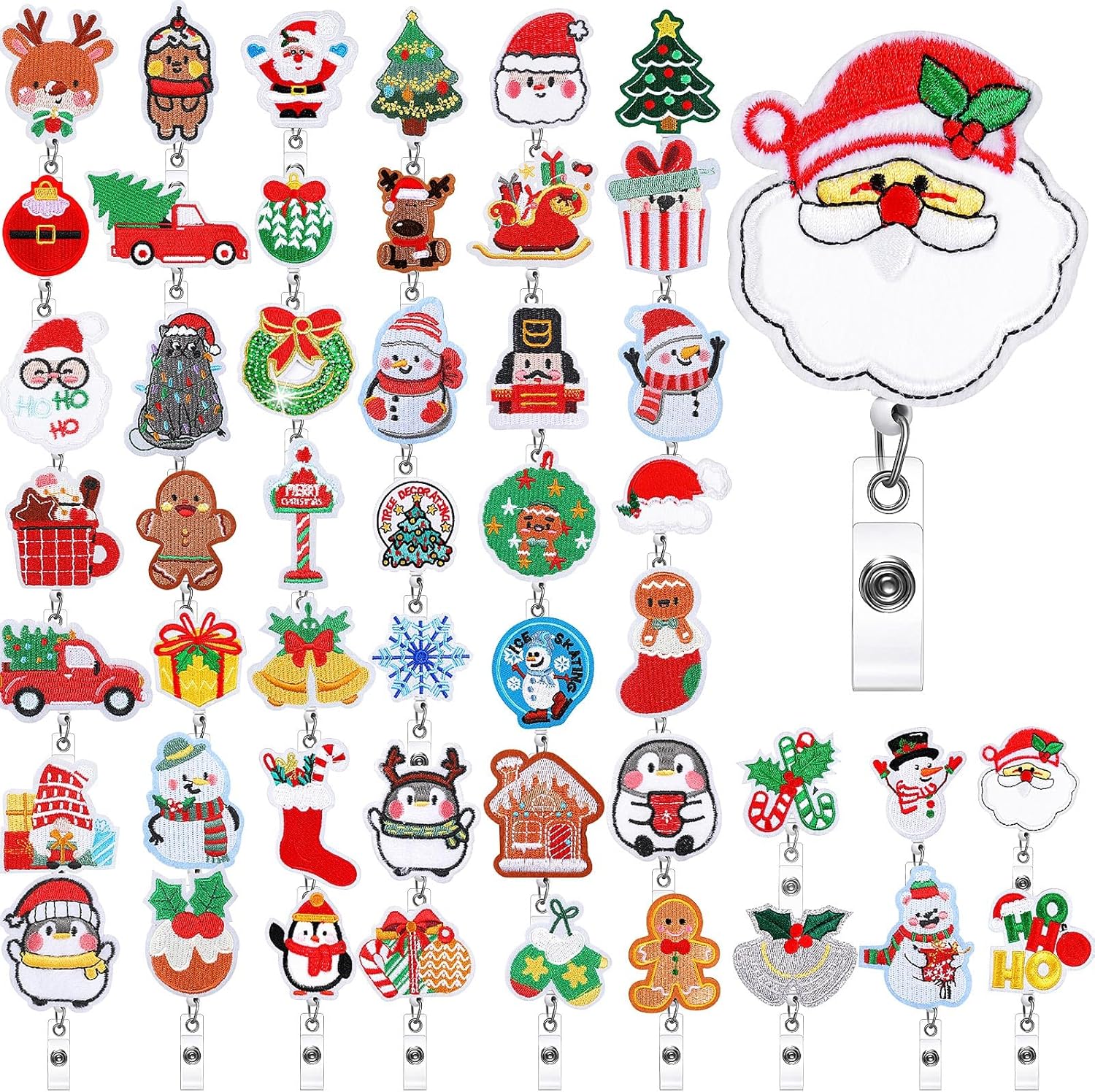 Tigeen 48 Pcs Christmas Badge Reels Retractable Christmas Felt Nurse Badge Reel with 360 Degree Rotatable Alligator Clip Cute Christmas Badge Holder Holiday ID Name Tag Badge Clip for Office Gifts
