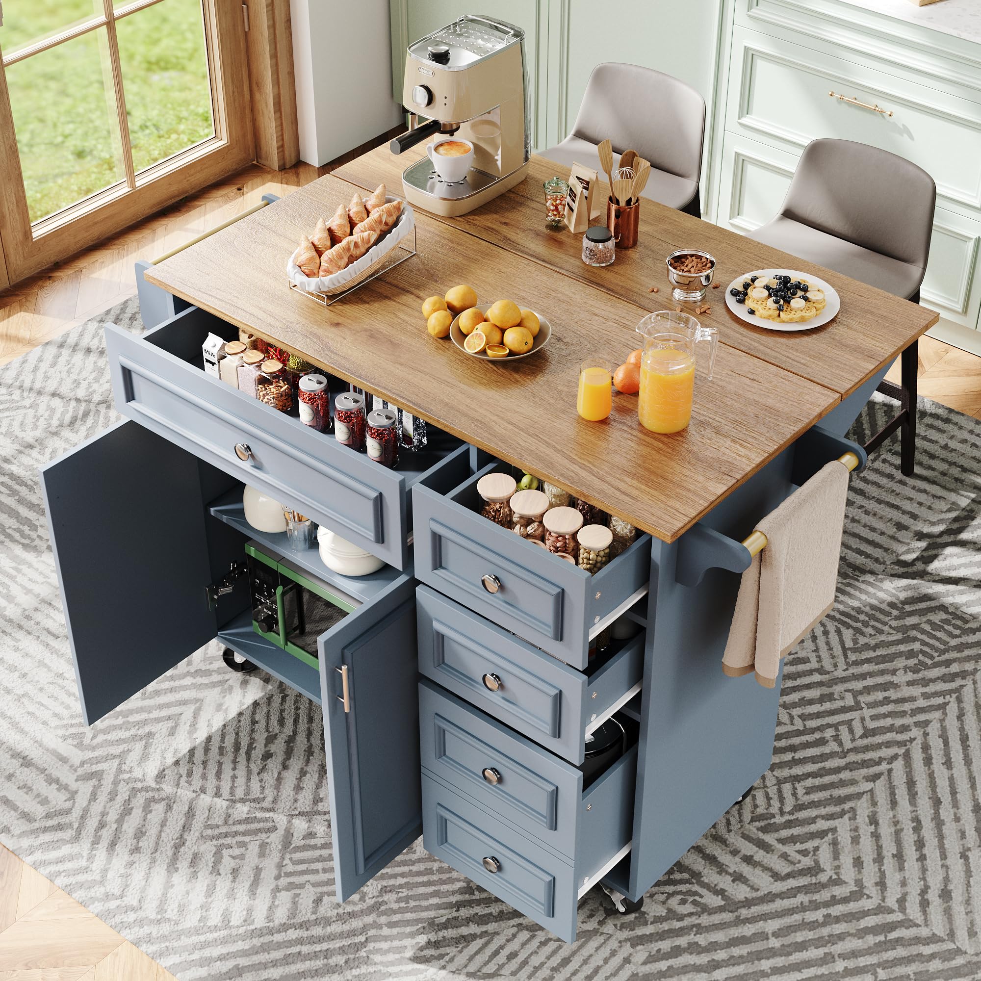 TIZZ Isola da cucina, 110 x 45 x 75 x 92 cm, moderna credenza da cucina, carrello da portata rimovibile, stile vintage, tavolo da pranzo multifunzione con spazio di archiviazione, blu