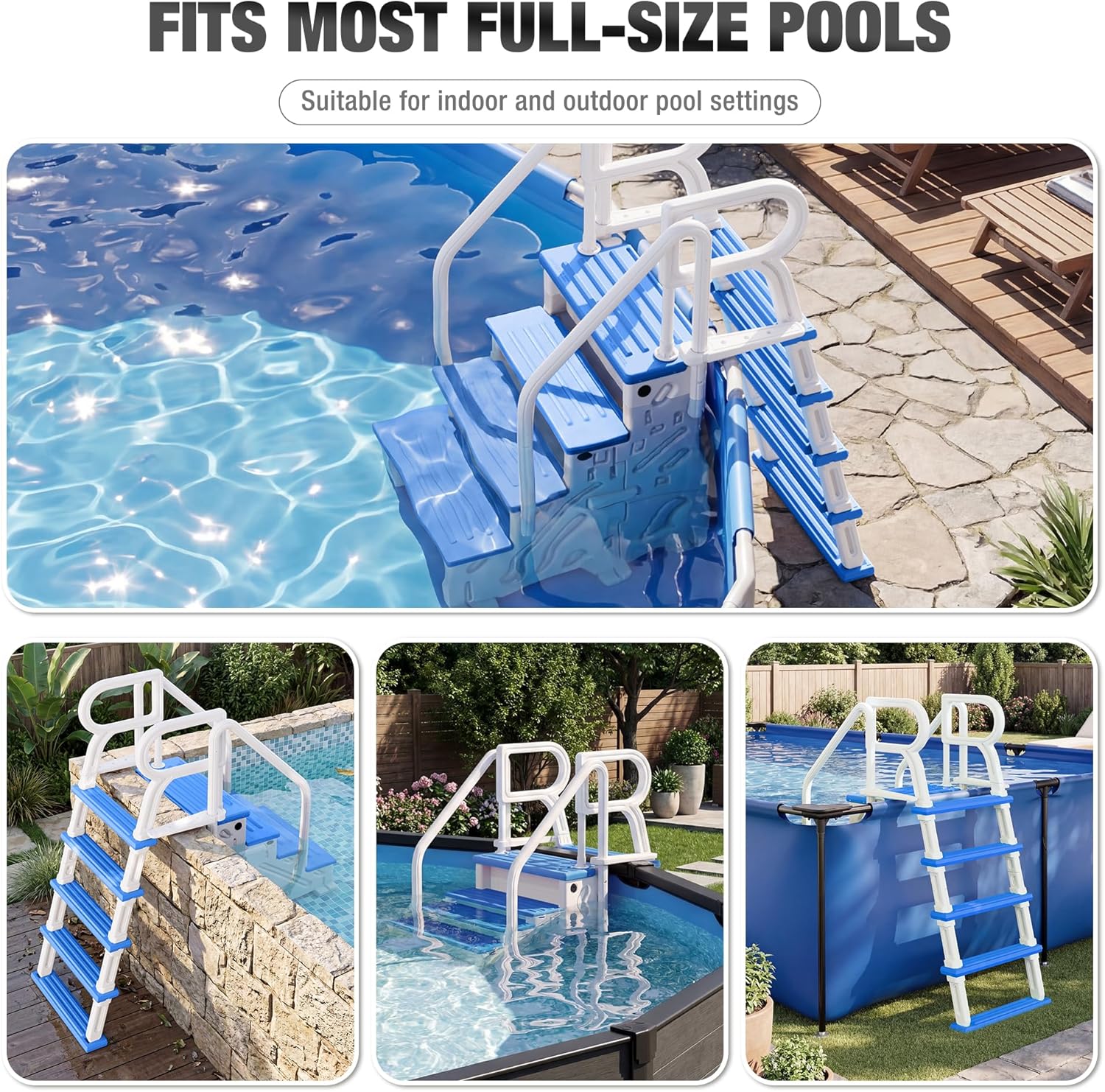 Pool Ladder Above Ground, Heavy Duty 4Step Pool Ladder with Dual Handrails and Nonslip Steps, 500 LBS Load Capacity, for 46-58 Inch (WH/BU, Double Side)