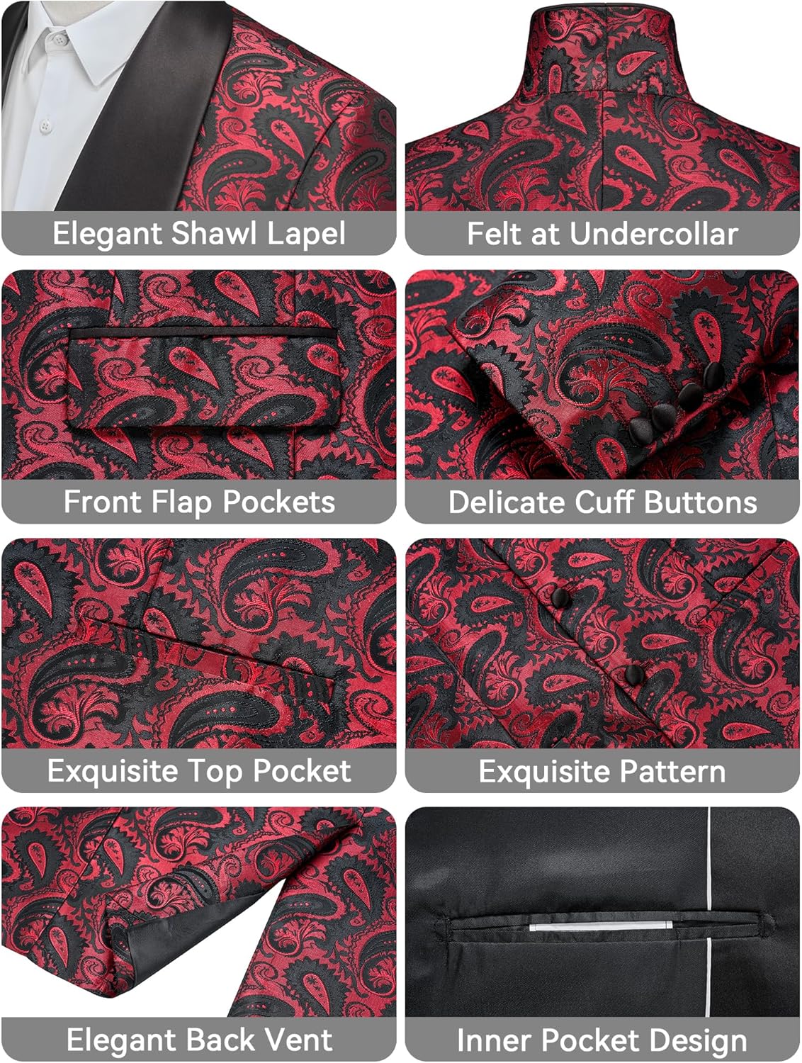 MAGE MALE Mens 3 Piece Floral Tuxedo Suits Slim Fit Paisley Shawl Lapel Suit for Dinner Prom Wedding - Image 3