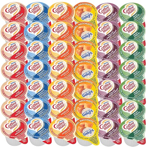 Coffee Creamer - Paquete variado individual incluye (48 unidades) crema irlandesa, crema dulce italiana, vainilla francesa, avellana, crema original