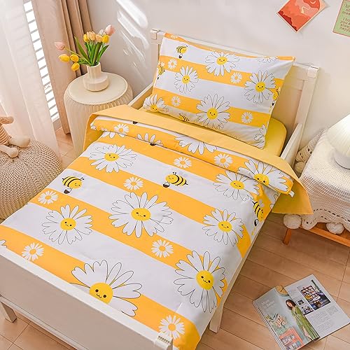 Miniatura 4 de Btargot Juego de ropa de cama ultrasuave de 4 piezas para niños pequeños, juegos de edredón de rayas coloridas con estampado de abejas y flores para