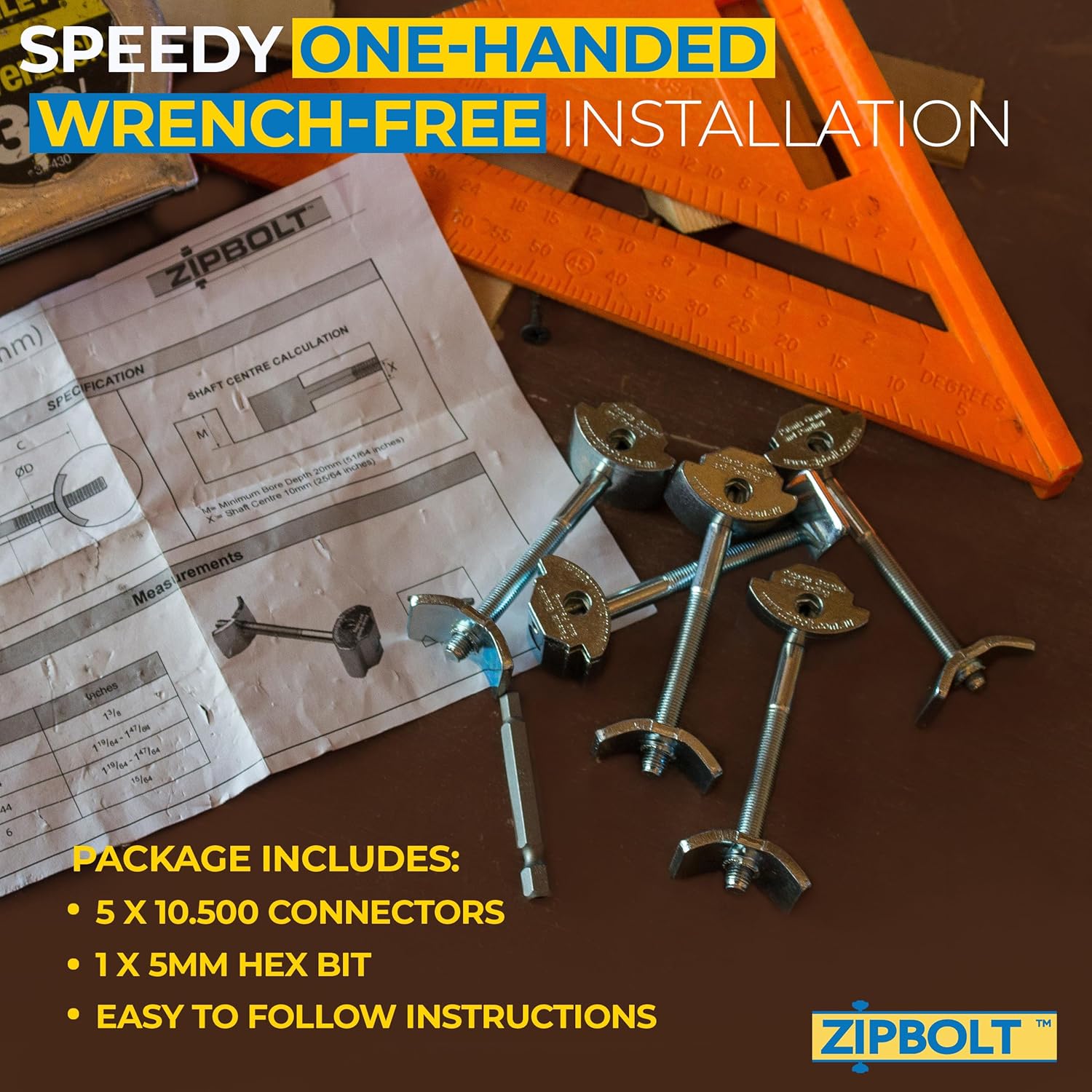 Zipbolt 10.500 Countertop Miter Connector — 5 Piece Joint Fastener Drawbolt Pack with 5mm Hex Bit for Joining Countertops, Butcher Blocks, Furniture, and More - Single-Handed Tightening