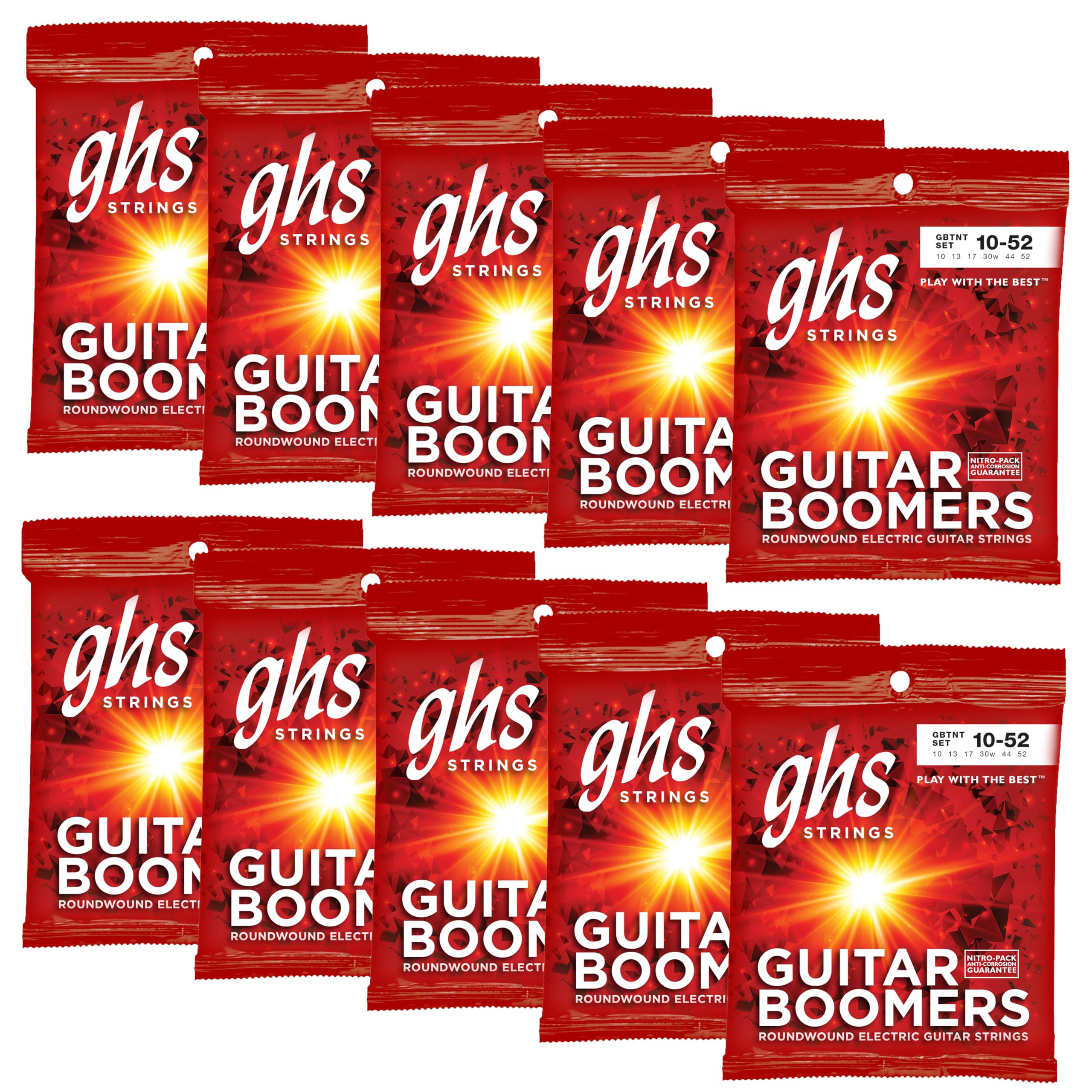 GHS Strings, GBTNT Boomers, Nickel Plated Steel Electric Guitar Strings, Legendary Strength, Unrivaled Sustain, Brightness &amp; Tone. For 6-String Guitar 10-52 Thin &amp; Thick (TNT) Gauge - 10 SETS