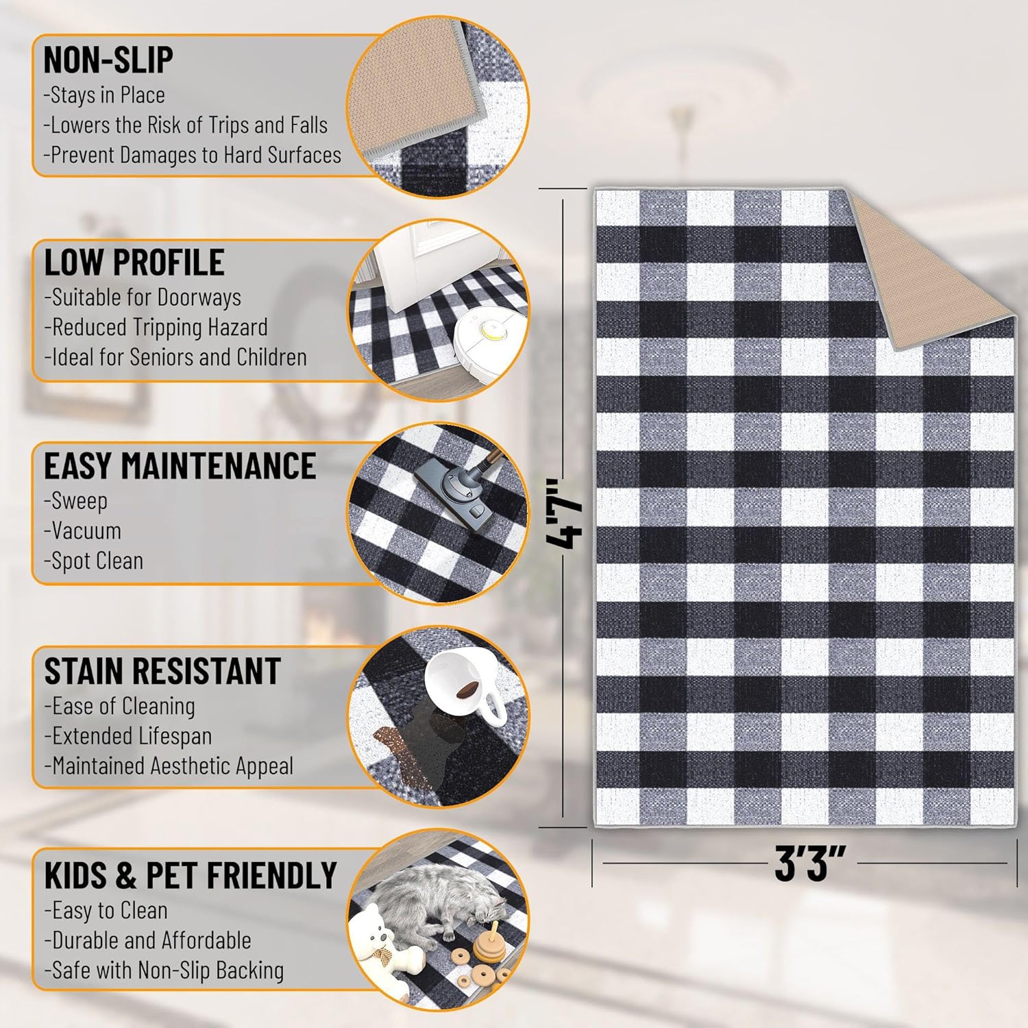 Ottomanson 3'3" x 4'7" Area Rug – Non Slip Low Pile Stain Resistant Accent Rug for Bedroom, Entryway, Bedside, Kitchen & Living Room, Checkered Black/White