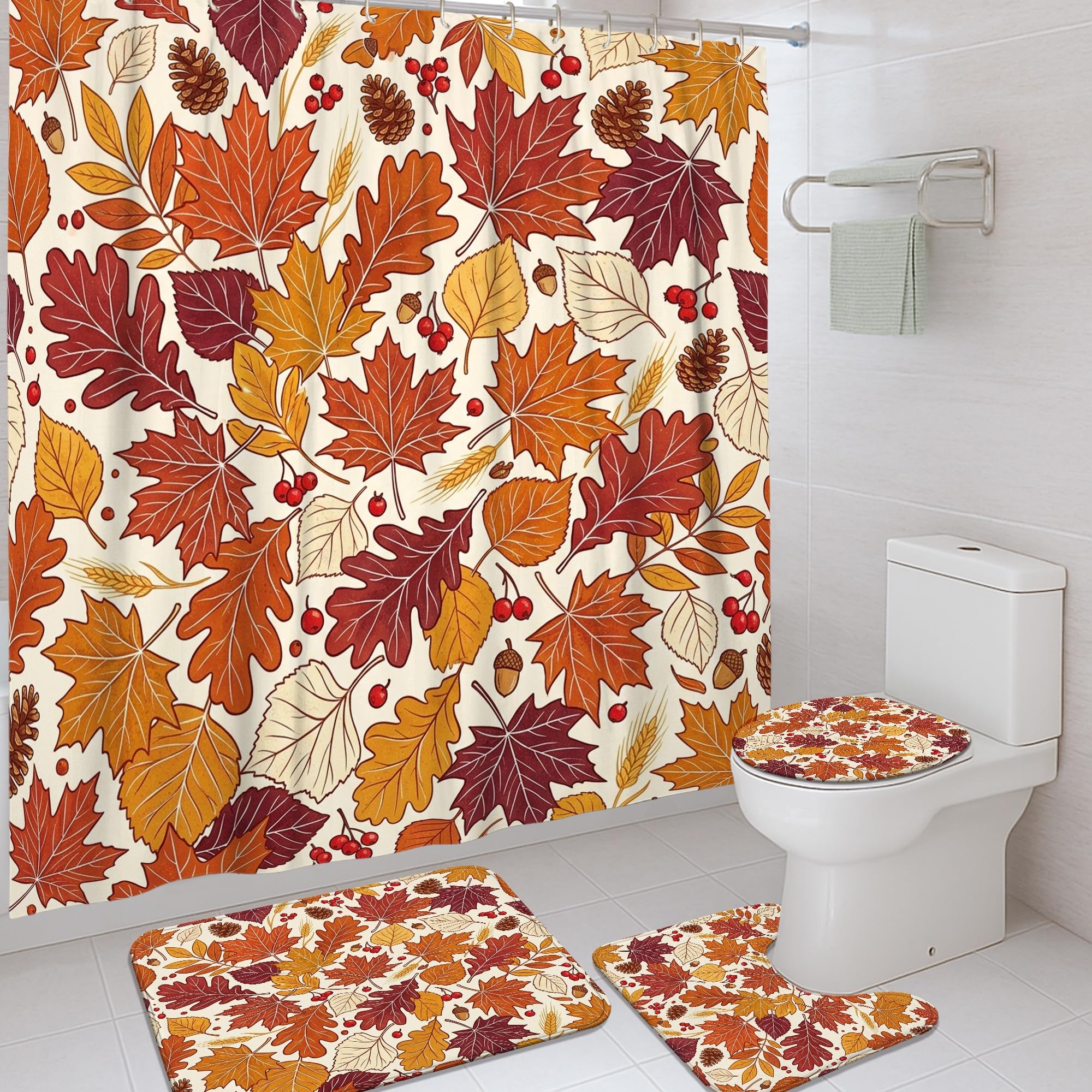 Rideau de douche motif feuilles et tapis de bain imperméable pour salle de bain