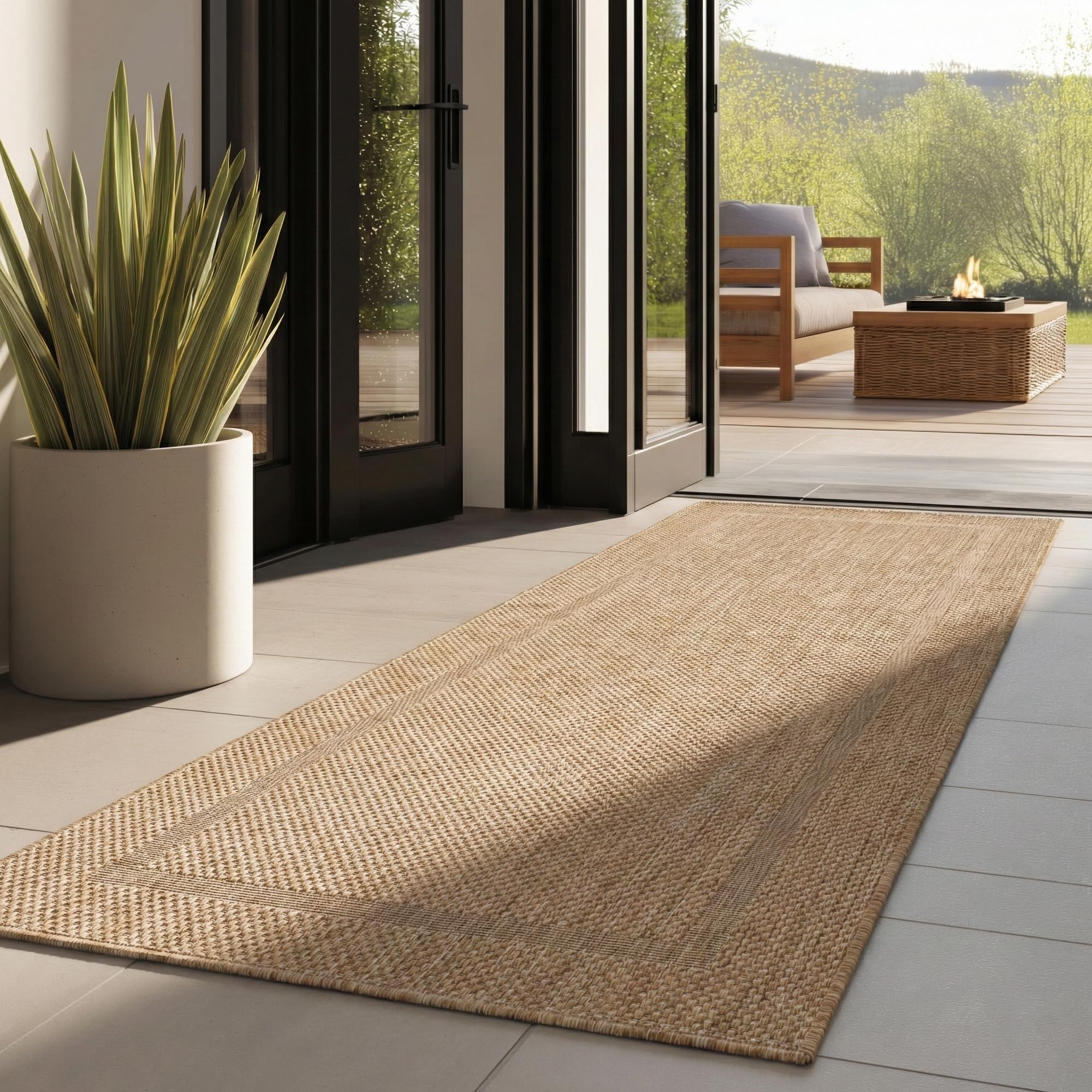 Outdoor Teppich Wetterfest Einfarbiges Design Terrasse Balkon Teppich Rund Küche Garten Sisal-Look Küchenteppich Läufer Flur