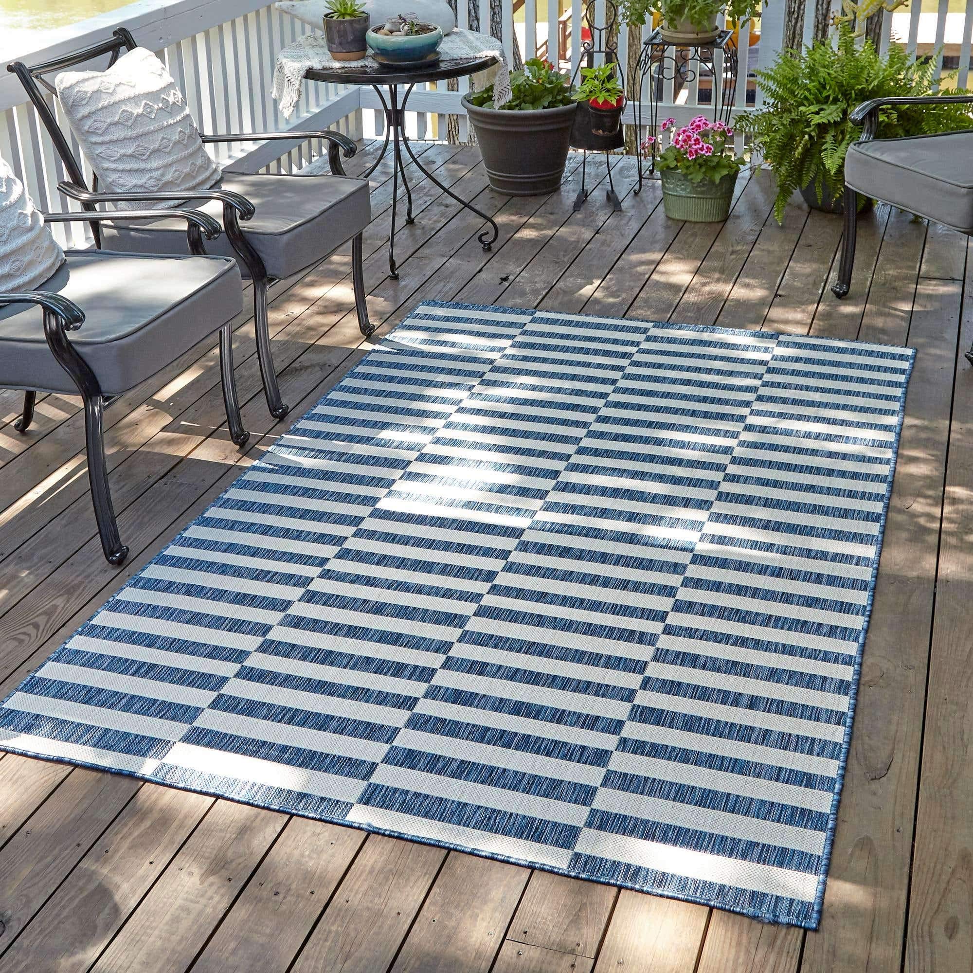 Unique Loom Outdoor Collection Classic Stripes, Transitional Indoor & Outdoor Area Rug, 9' 0 x 12' 0, Navy Blue/Ivory