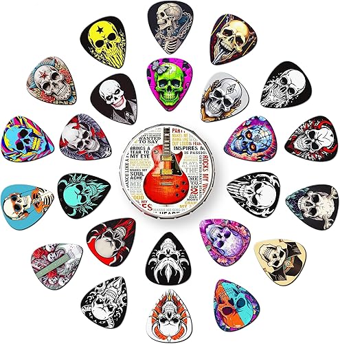 Paquete de 24 púas de guitarra delgadas, medianas y pesadas con caja de lata, paquete variado de púas de bajo, púas de guitarra para guitarra