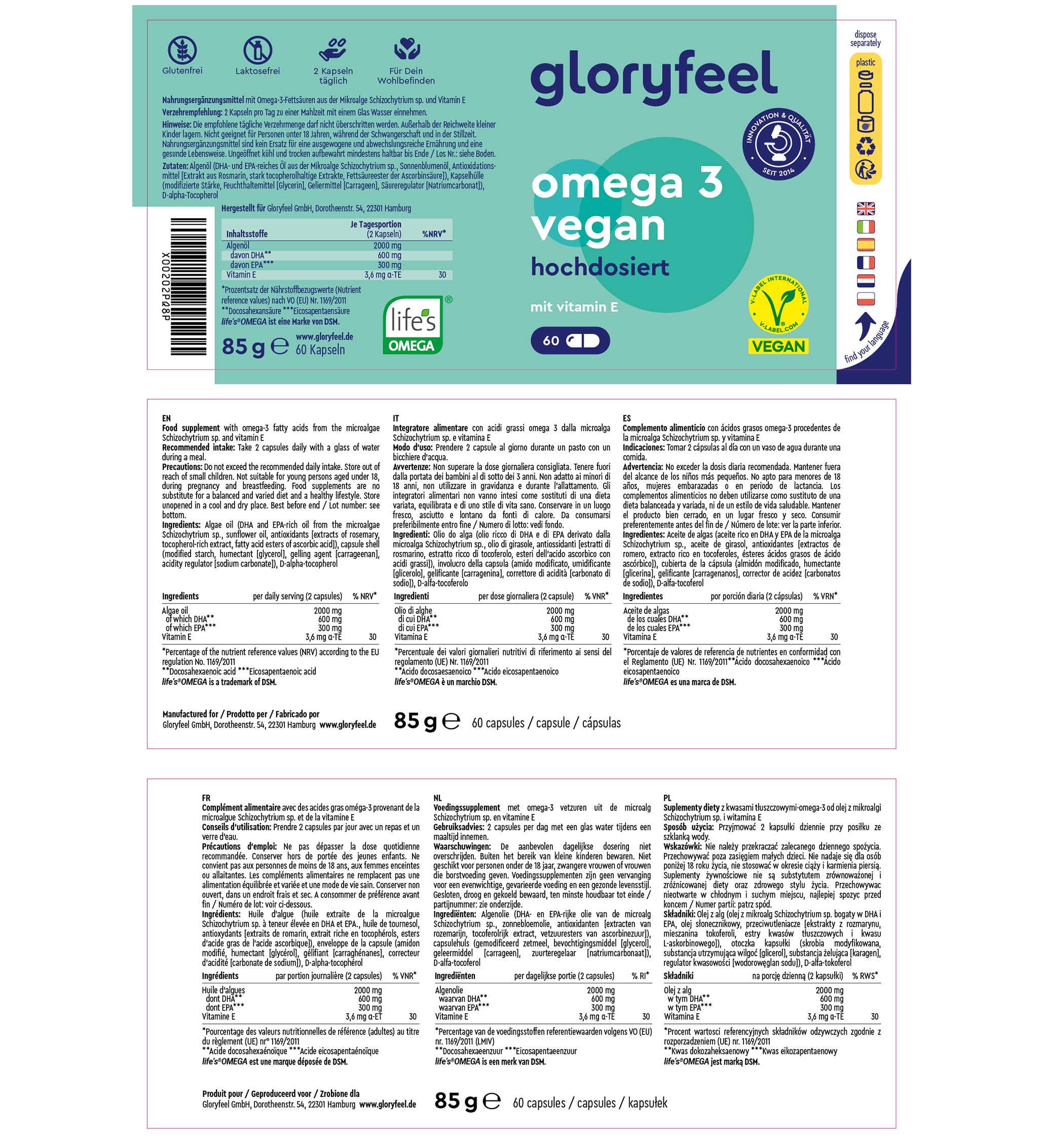 Omega 3 2000mg (life's™ OMEGA) - Aceite de Algas Vegano, DHA + EPA 900mg - Materia prima de calidad más Vitamina E - Omega 3 Algas de cultivos sostenibles - Probado en laboratorio (Paquete de 2)