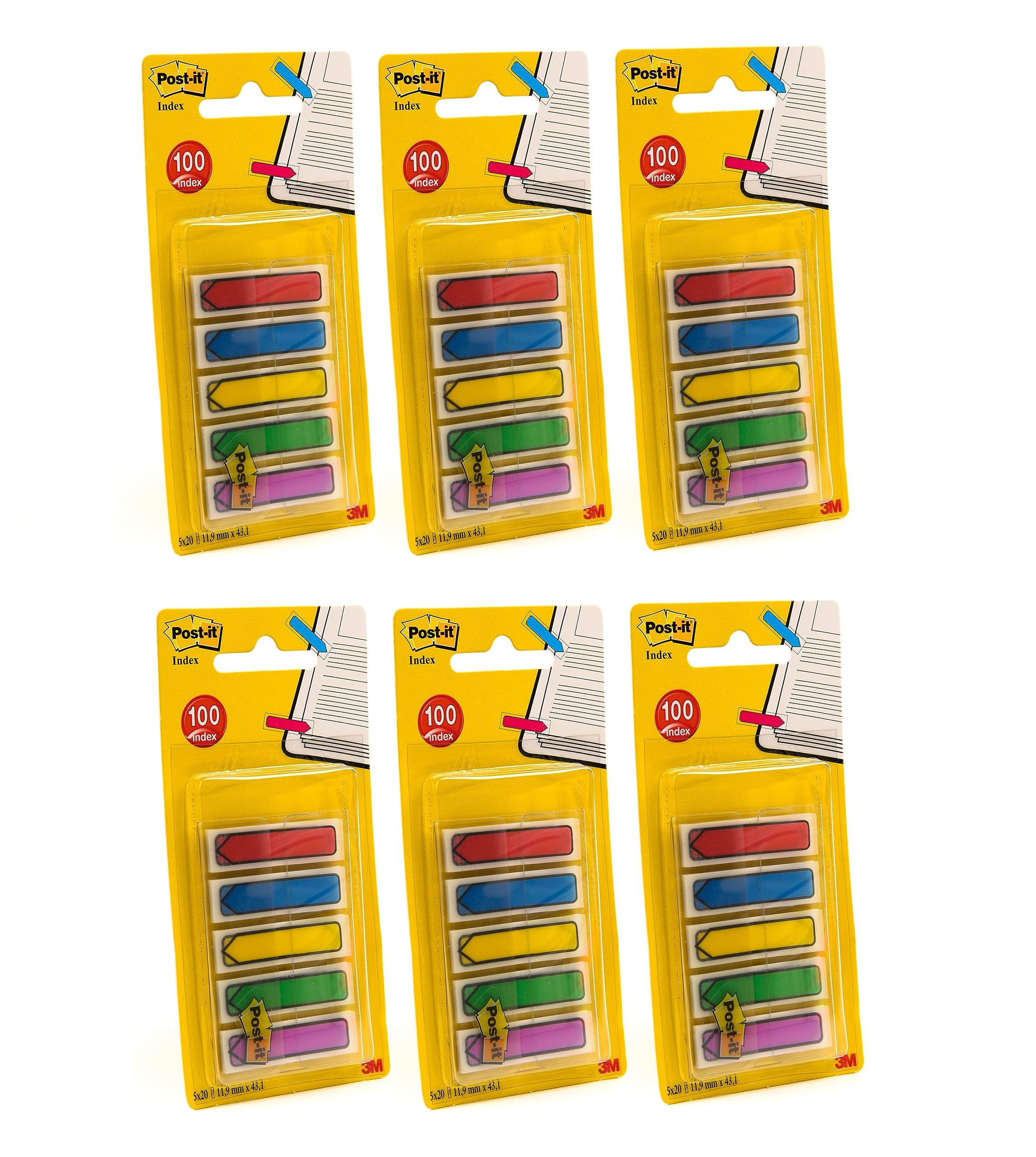 Post-it Pfeil-OTG-Spender, 11,9 x 43,2 mm, 5 Farben/Packung, 6 Packungen/Box, verschiedene Farben, Highlight, keine Beschädigung, Seitenmarkierungen, Buchregister, Haftindex, 20 Flaggen/Farbe