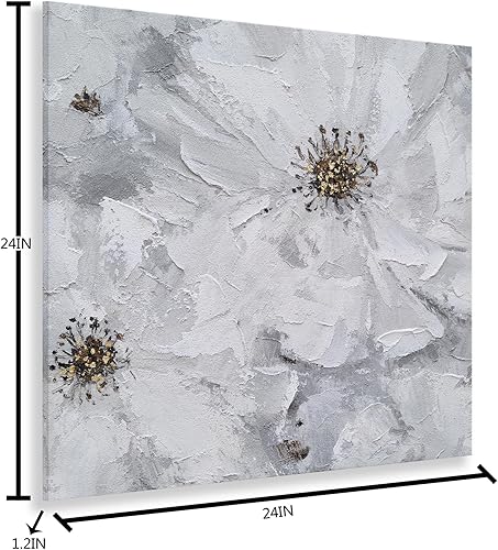 Miniatura 3 de SYGALLERIER Arte de pared con flores blancas y grises, lienzo floral hecho a mano con adornos de lámina dorada, decoración de pared moderna de