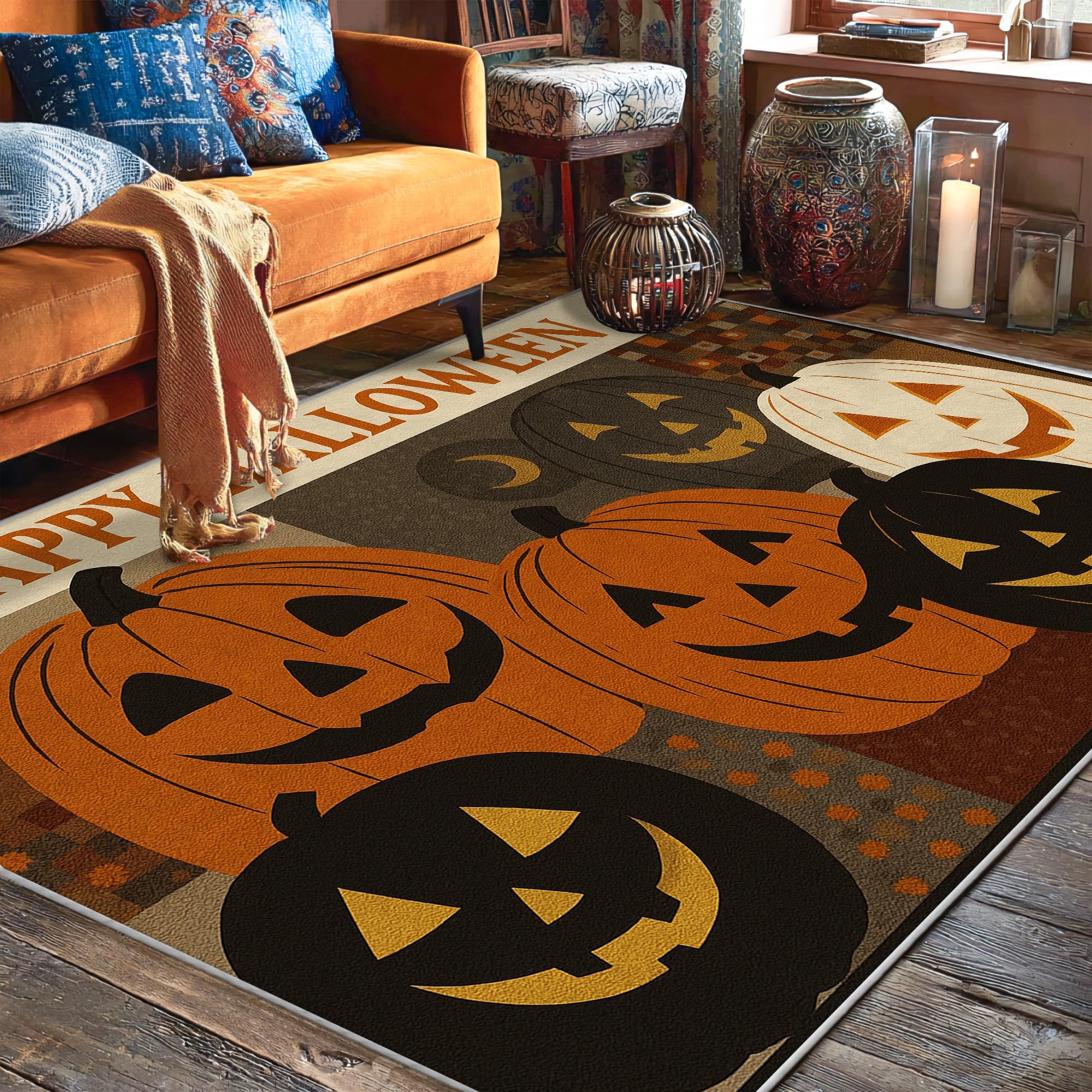 Tapis Halloween lune et fantôme 1,5x2,1m avec envers antidérapant pour salon