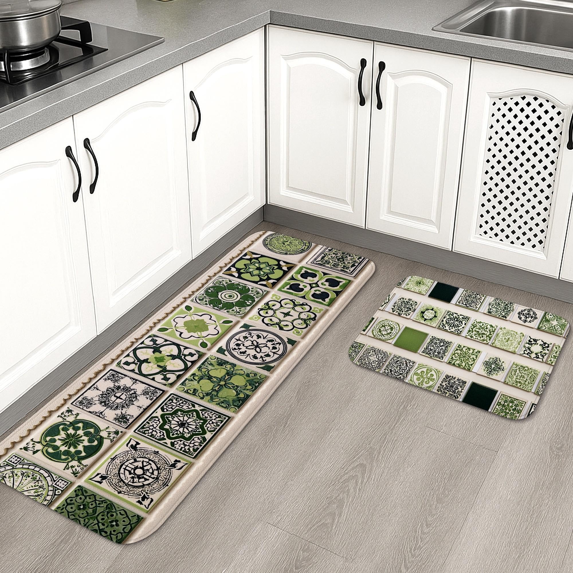 Green Mosaic Kitchen Mats for Floor, Vintage Tile Patterned Cushioned Comfort Non Slip Rugs for Kitchen Sinks Laundryroom Bathroom 16x24 Inch
