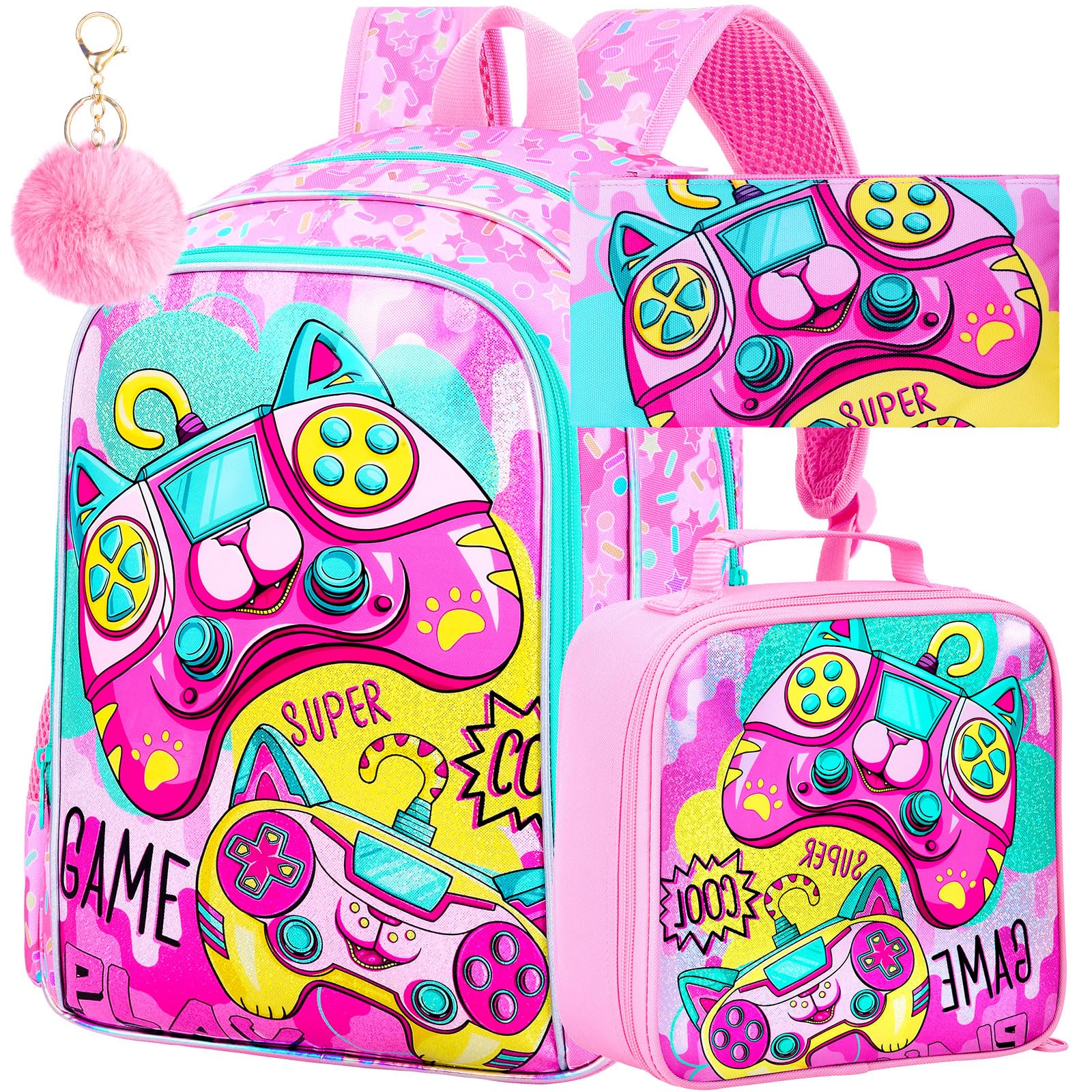KLFVB 3PCS Girls Game Backpack, Water Resistant Kids Bookbag with Lunch Box, 16" Preschool Backpacks for Elementary - Game Pink