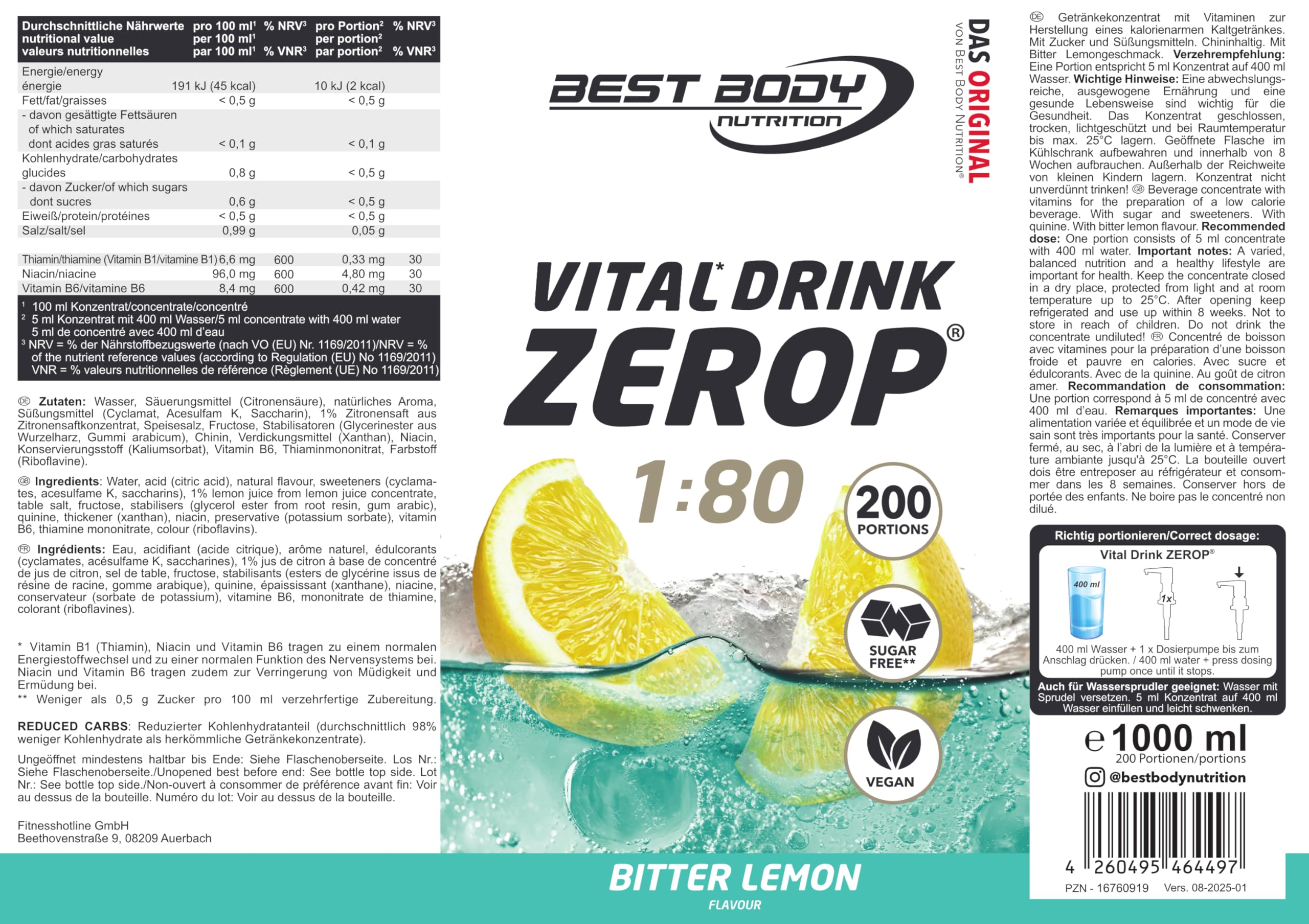 Best Body Nutrition ZEROP Sirup Bitter Lemon zuckerfrei 1 L ohne Aspartam – Ansicht 2