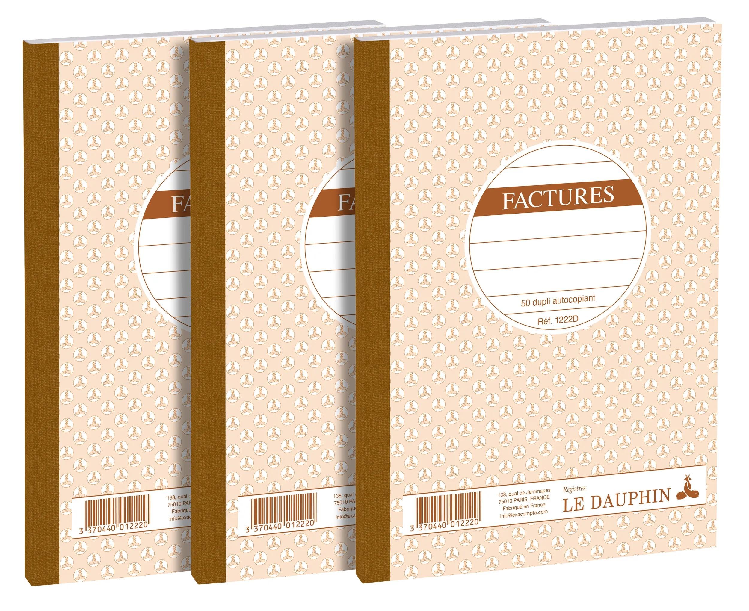 Le Dauphin - Réf. 14266D - Carton de 54 manifolds FACTURES - papier autocopiant - duplicata (1 original et 1 copie) - 50 feuilles - format 21 x 14,8 cm - couverture vernie