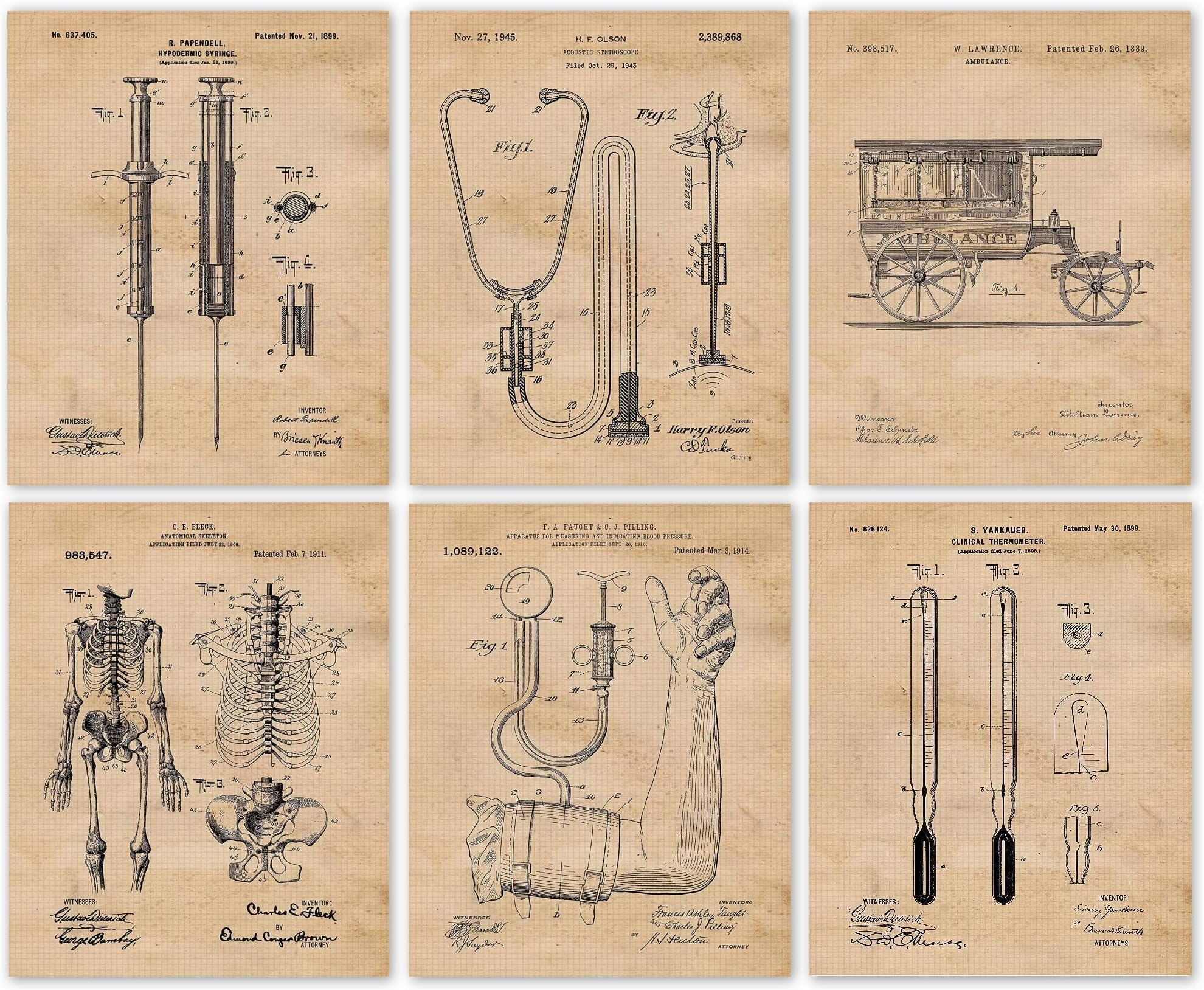 Vintage Medicine Patent Prints, 6 (8x10) Unframed Photos, Wall Art Decor Gift for Home Health Office Work Garage Man Cave College Student Teacher School Nurse Technician Doctor ER Pharmacist Caregiver